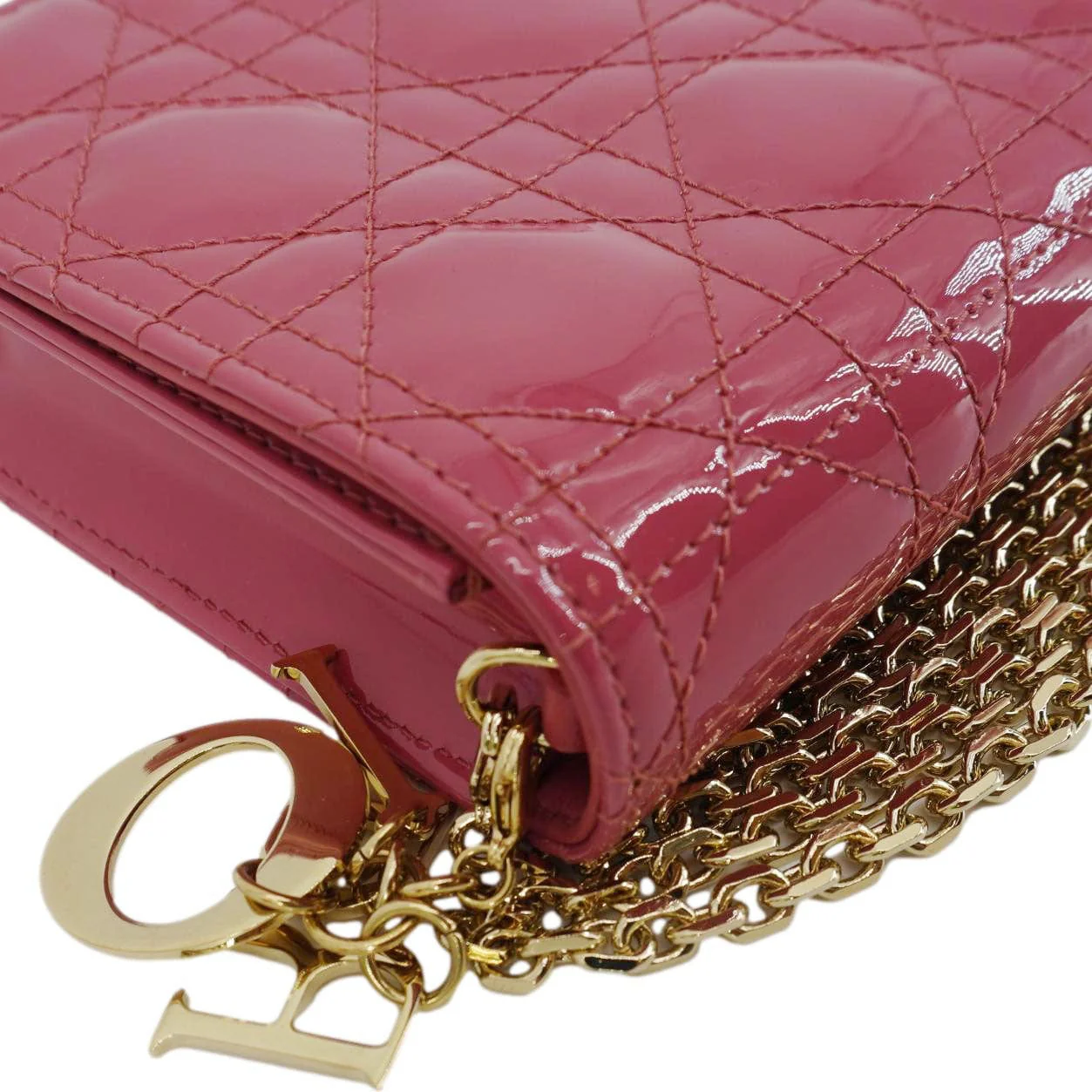 CHRISTIAN DIOR Lady Dior Patent Cannage Leather Chain Pouch Bag Pink - Image 7