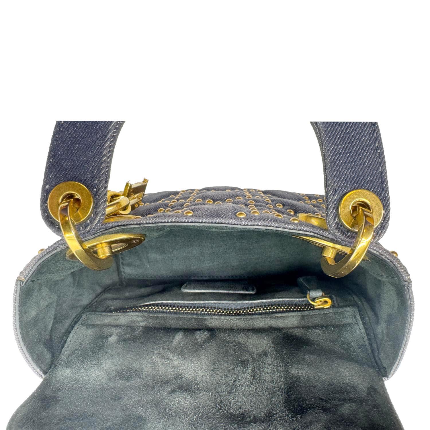 CHRISTIAN DIOR Lady Dior Mini Studded Supple Cannage Denim Crossbody Bag Navy Blue - Image 13