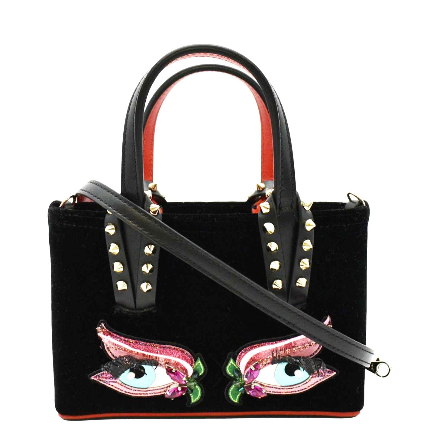 CHRISTIAN LOUBOUTIN Cabata Eyelet Velour Suede Tote Shoulder Bag Black