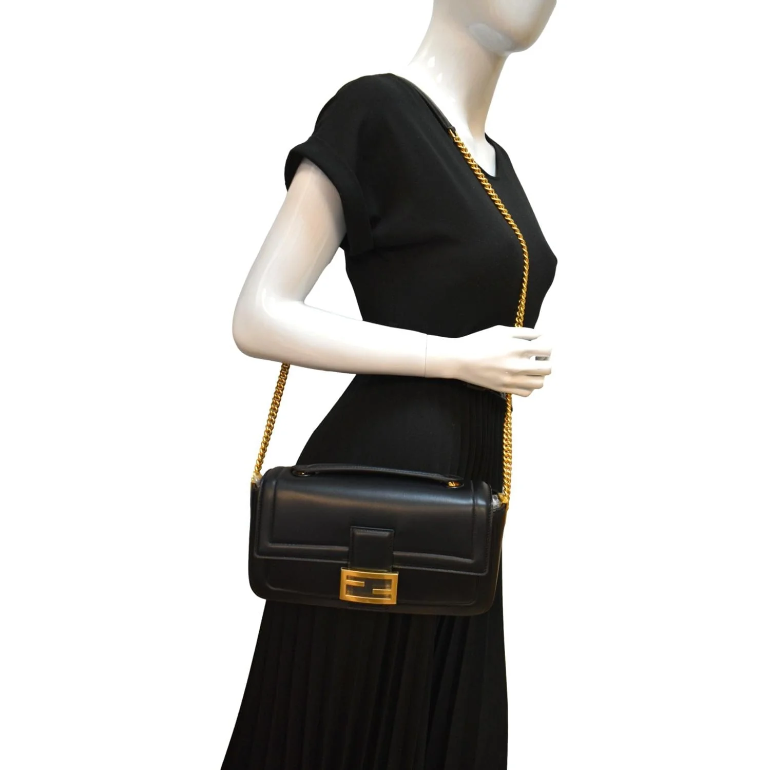 FENDI Baguette Mini Lambskin Leather Chain Shoulder Bag Black - Image 2