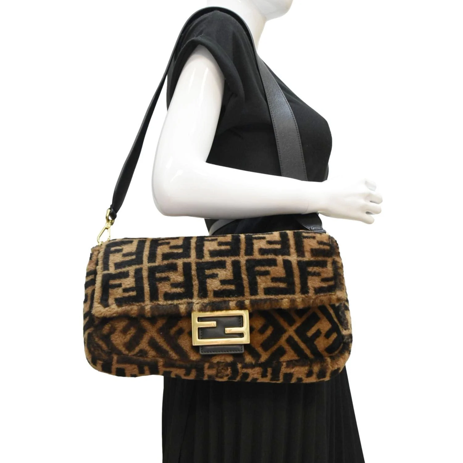 FENDI Baguette Medium FF Shearling Sheepskin Shoulder Bag Brown - Image 2