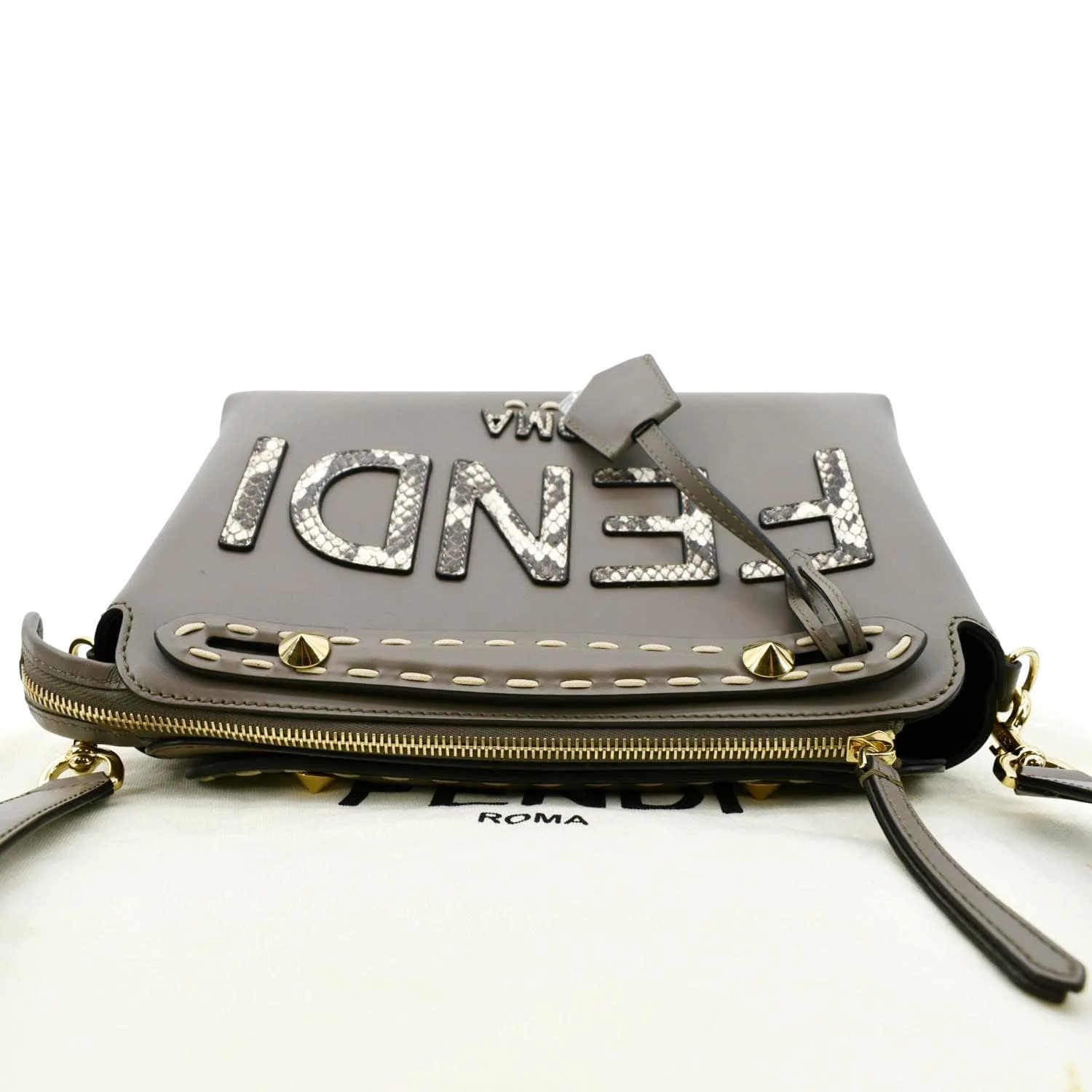 FENDI By The Way Medium Roma Leather Python Printed Elaphe Boston Bag Grey - Image 4