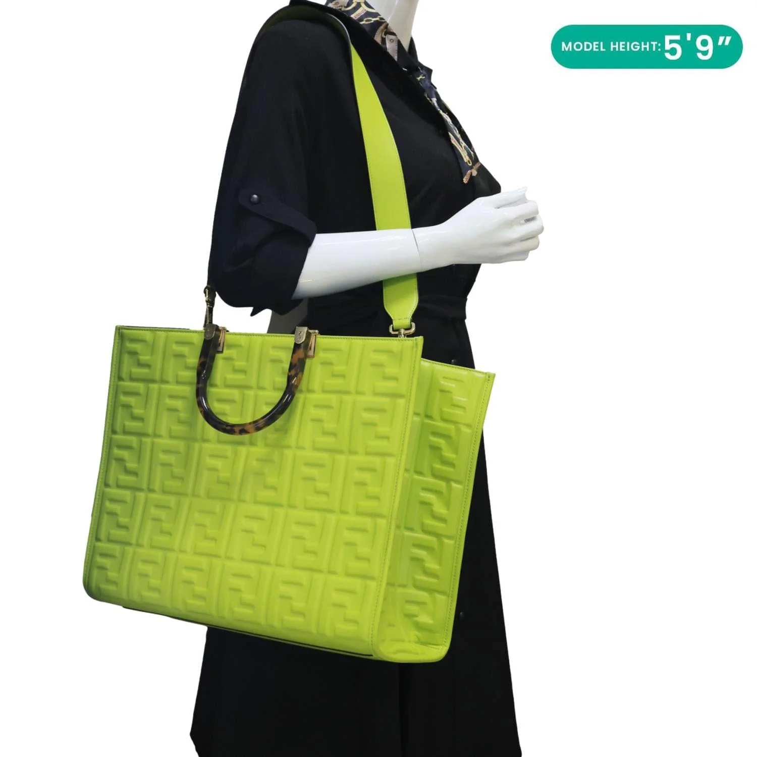 FENDI Sunshine Medium Zucca Embossed Leather Shopper Tote Bag Green - Image 2