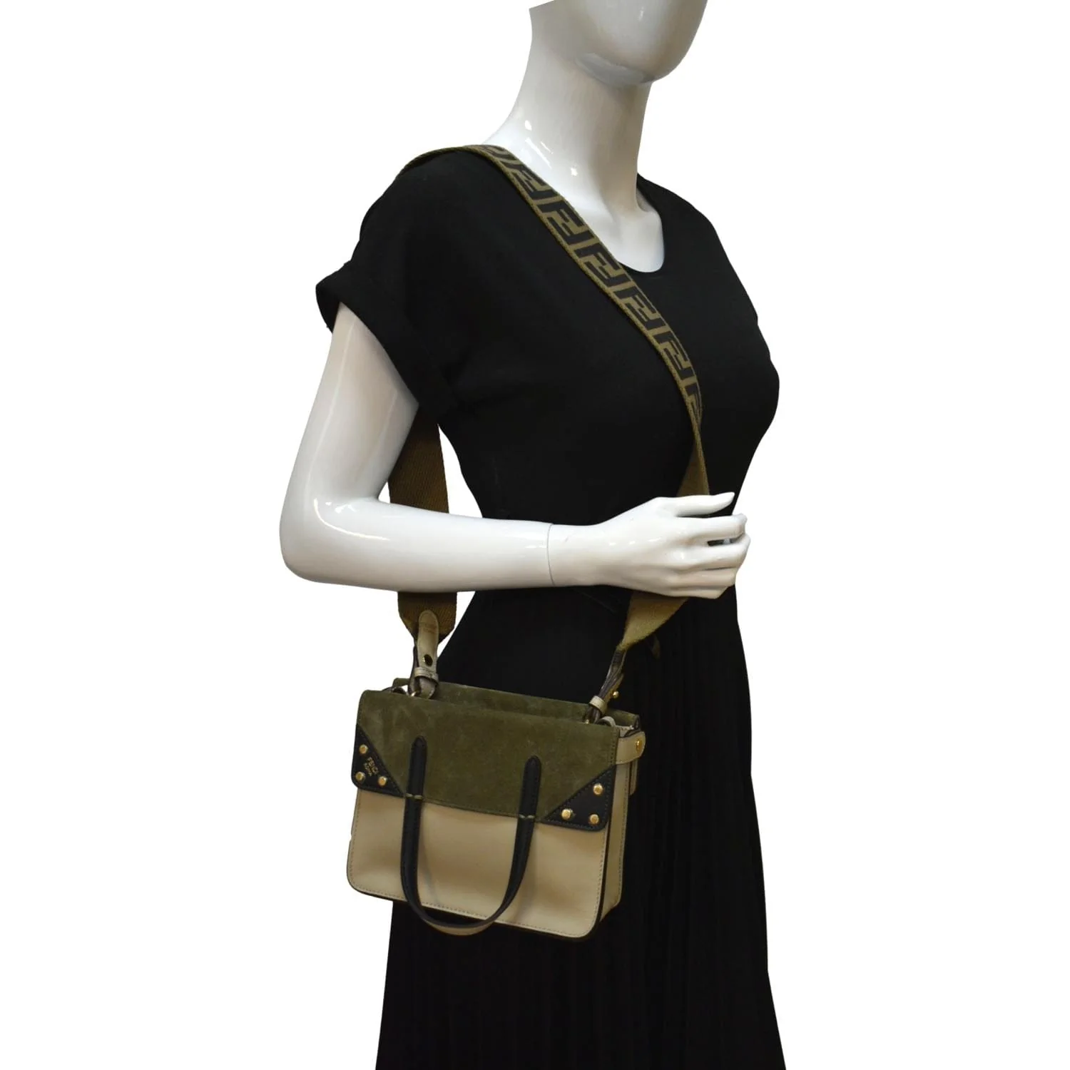 FENDI Flip Mini FF Motif Calf Leather Crossbody Bag Green - Image 2