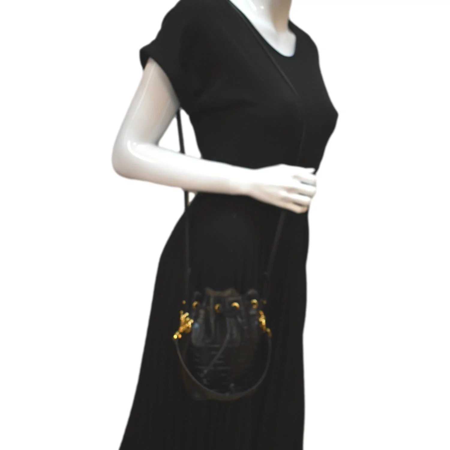 FENDI Mon Tresor Drawstring FF Leather Bucket Bag Black - Image 2