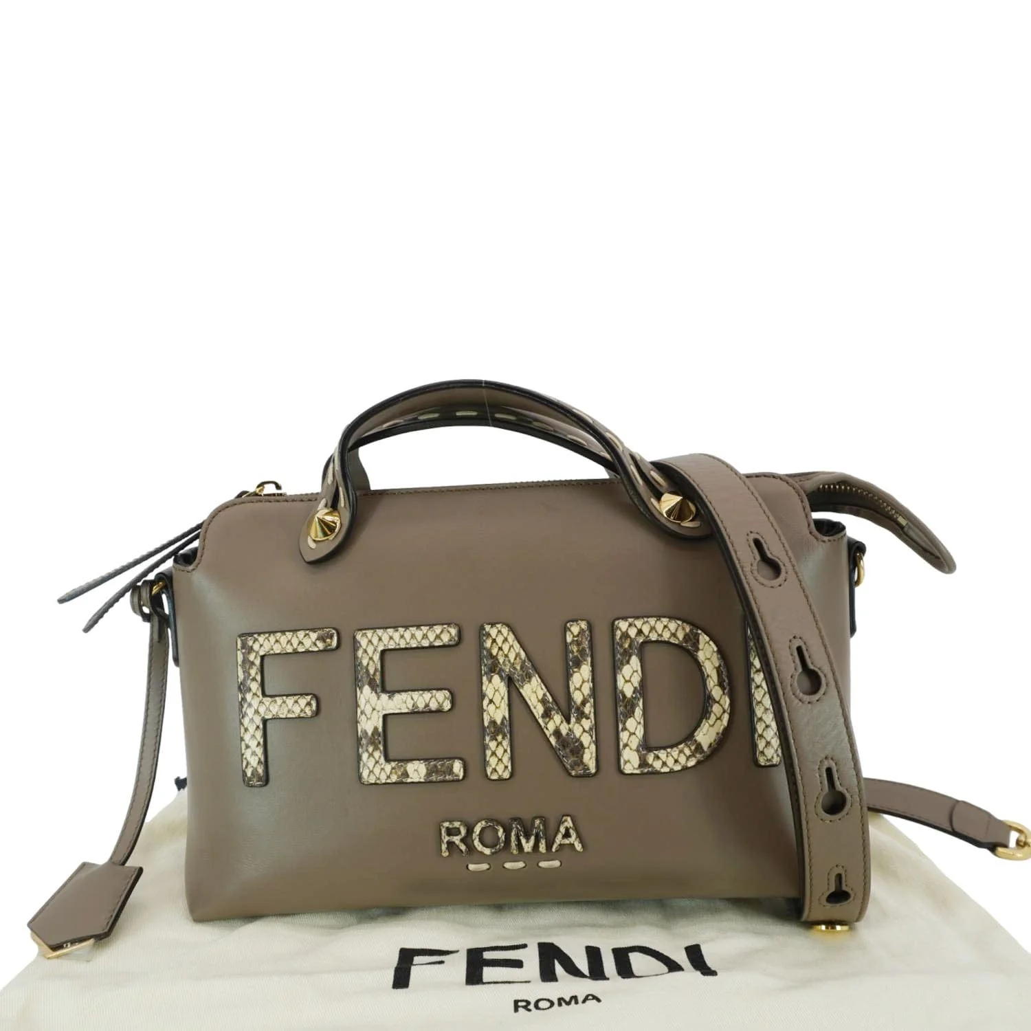 FENDI By The Way Medium Leather Python Print Logo Boston Bag Beige - Image 3