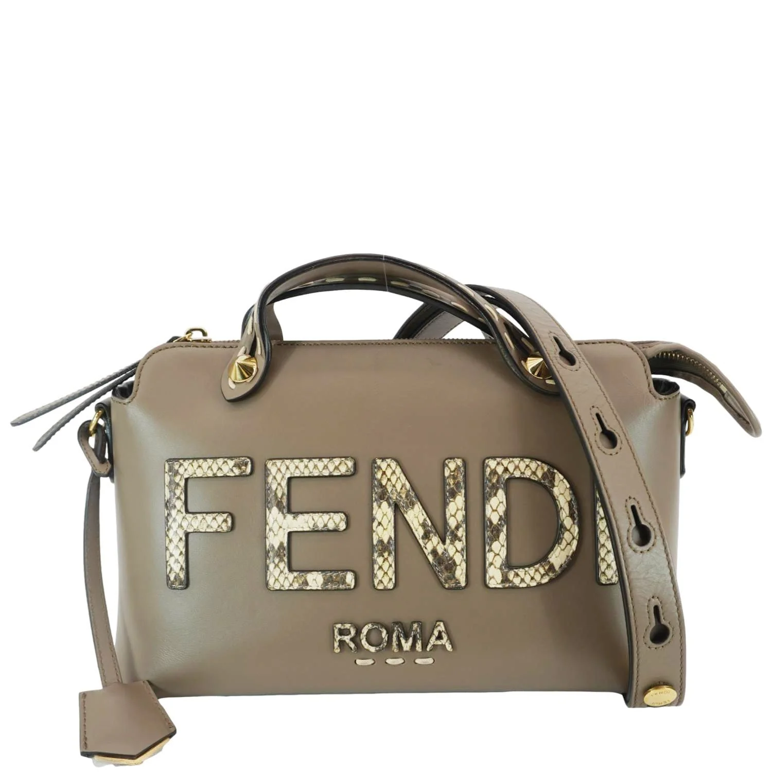 FENDI By The Way Medium Leather Python Print Logo Boston Bag Beige - Image 4