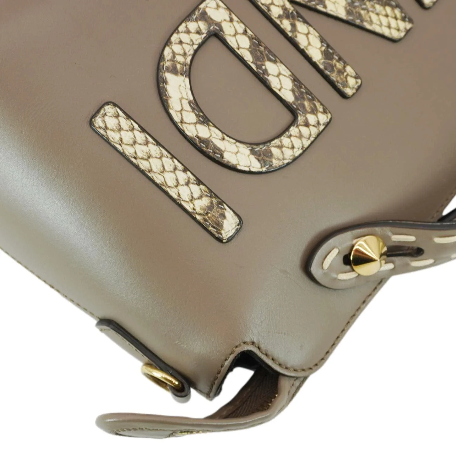 FENDI By The Way Medium Leather Python Print Logo Boston Bag Beige - Image 7