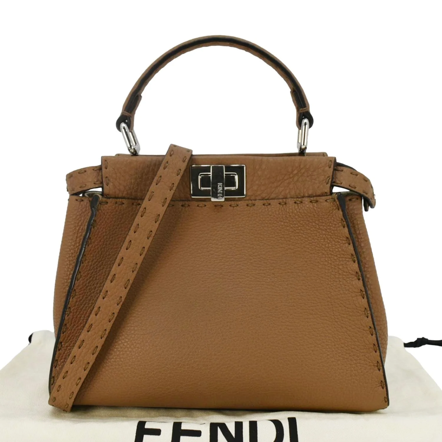 FENDI Selleria Peekaboo Leather Crossbody Bag Brown - Image 3