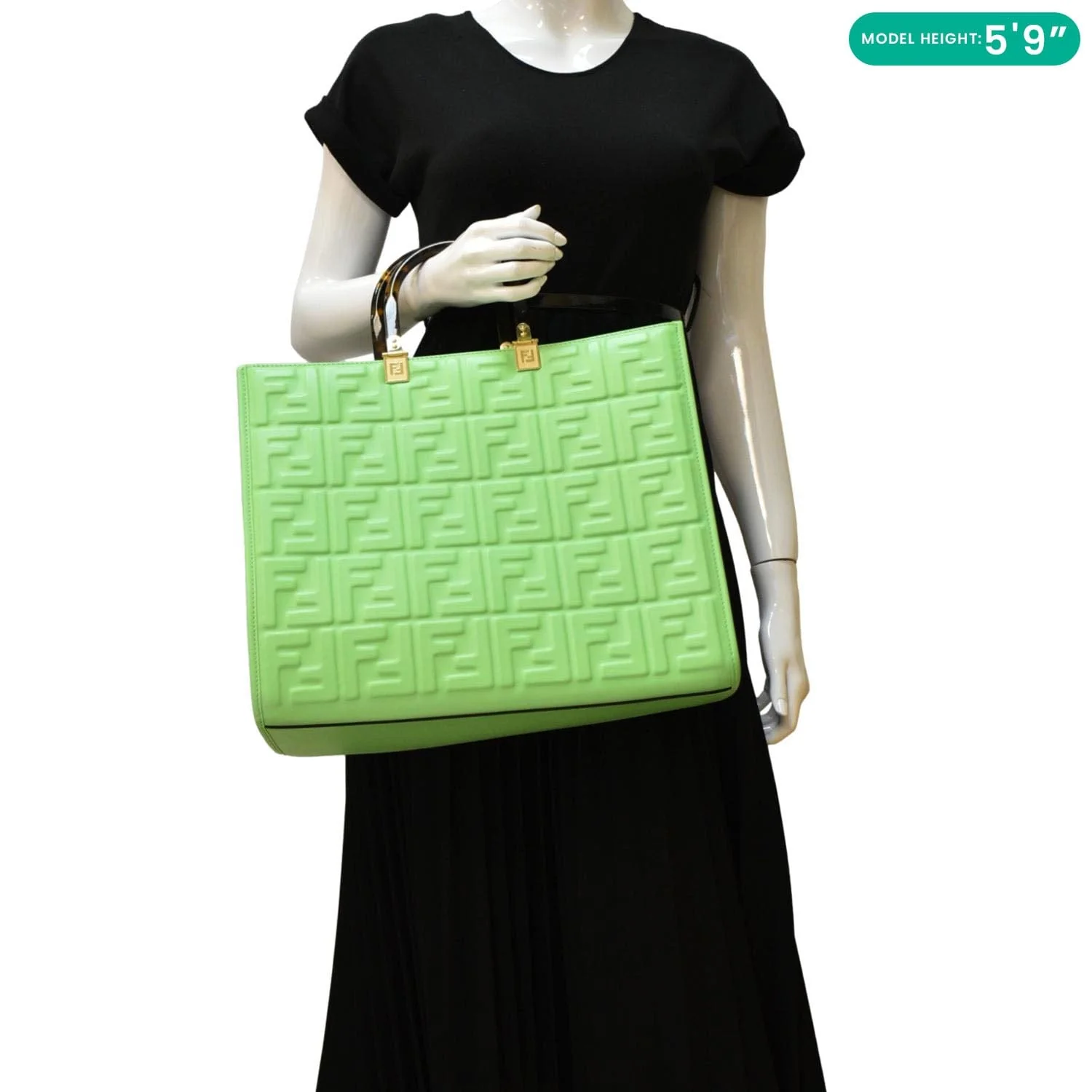 FENDI Sunshine Medium Embossed Leather Shopper Tote Bag Green - Image 2