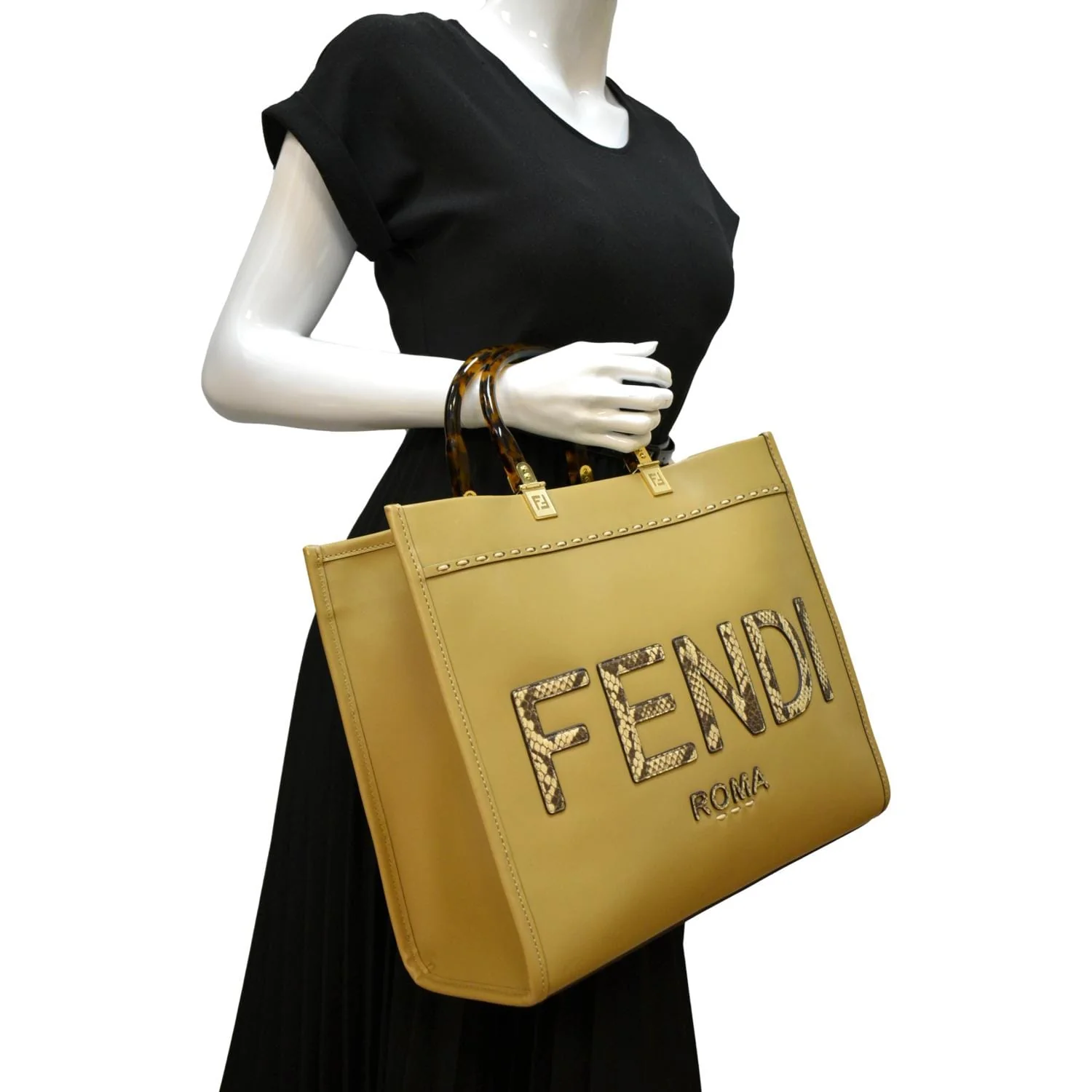 FENDI Sunshine Plexiglass Leather Shopper Tote Bag Tan - Image 2