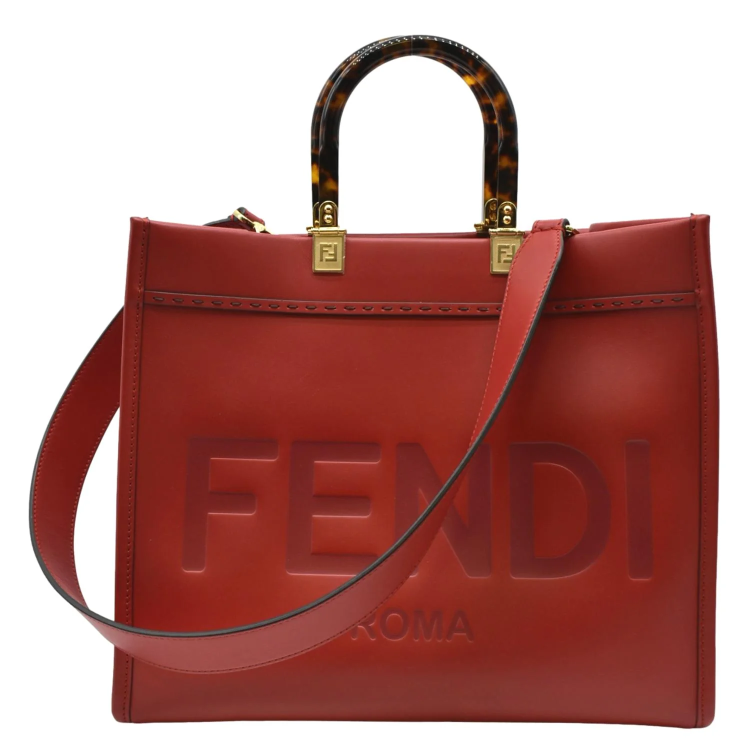 FENDI Sunshine Plexiglass Leather Shoulder Tote Bag Red - Image 4