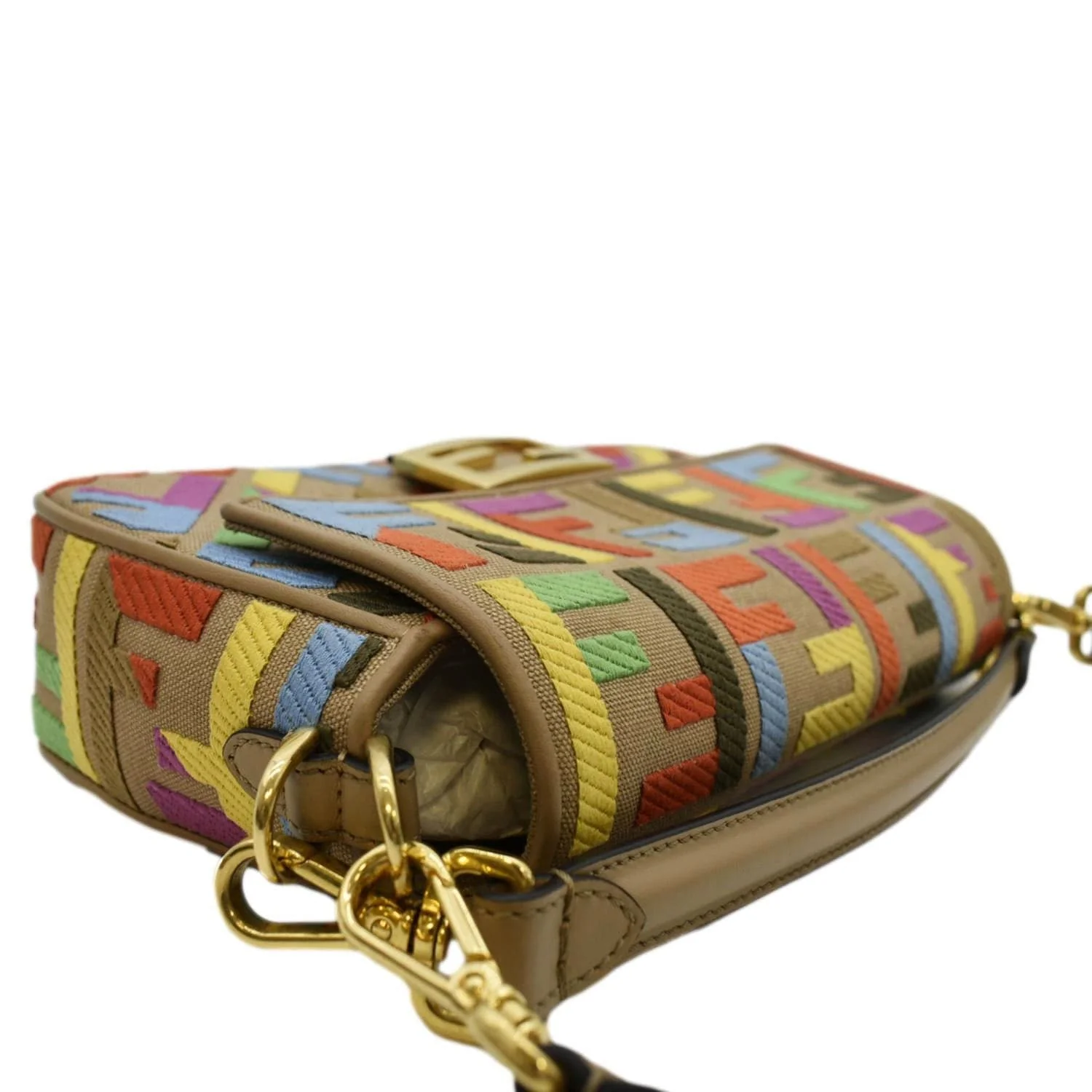 FENDI Vitello King FF Embroidered Baguette Canvas Shoulder Bag Cuoio - Image 6