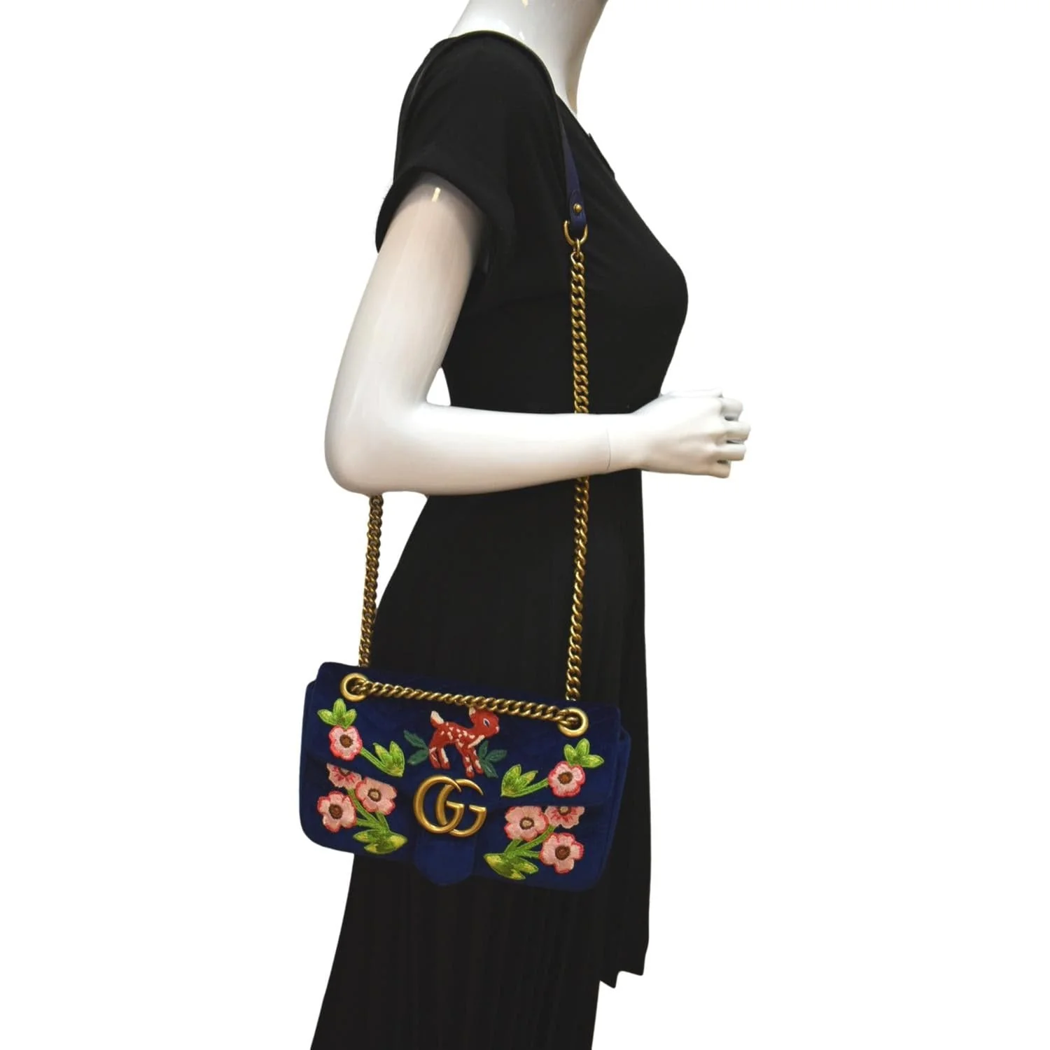 GUCCI Deer Embroidered Small GG Marmont Velvet Shoulder Bag Blue 443497 - Image 2