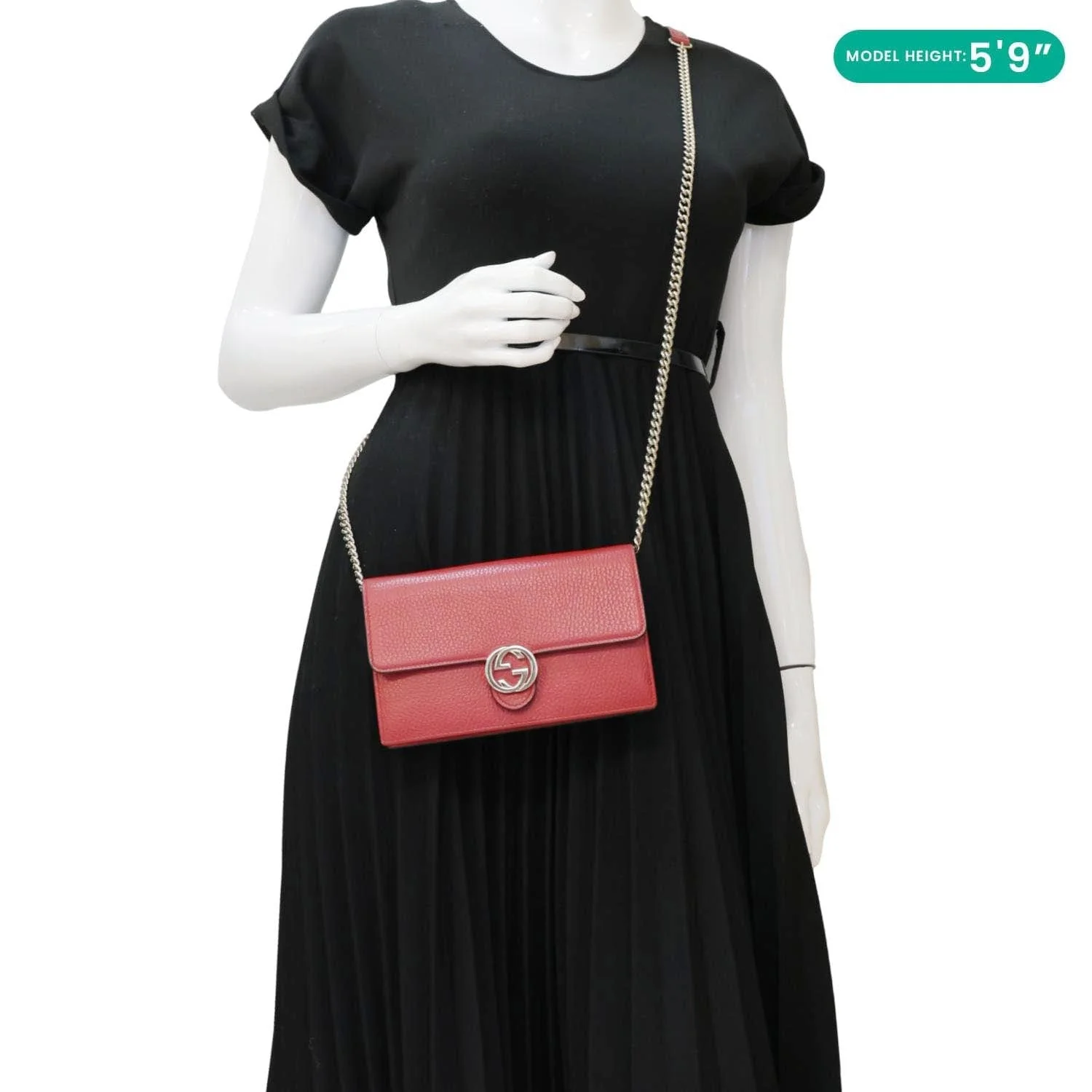 GUCCI Dollar Interlocking G Calfskin Leather Chain Wallet Crossbody Bag Red 510314 - Image 2