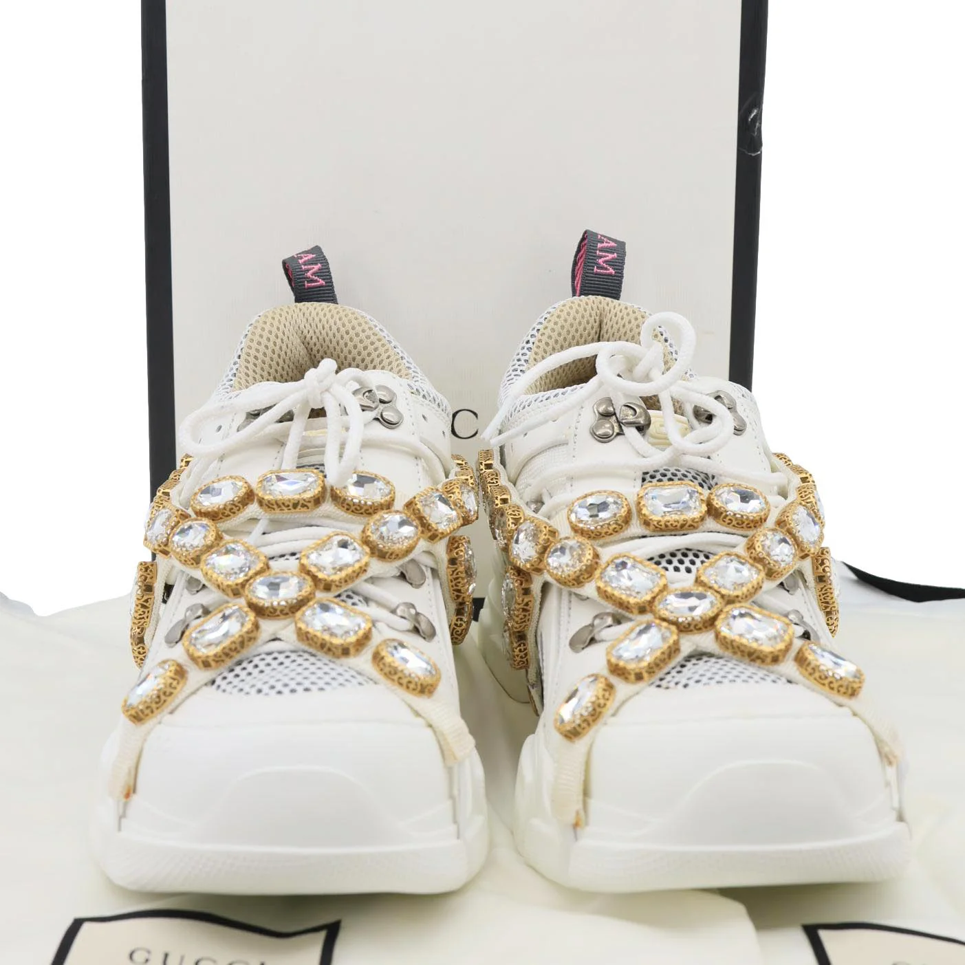 GUCCI Flashtrek Crystals Mesh Leather Sneakers White Size 10.5 - Image 2