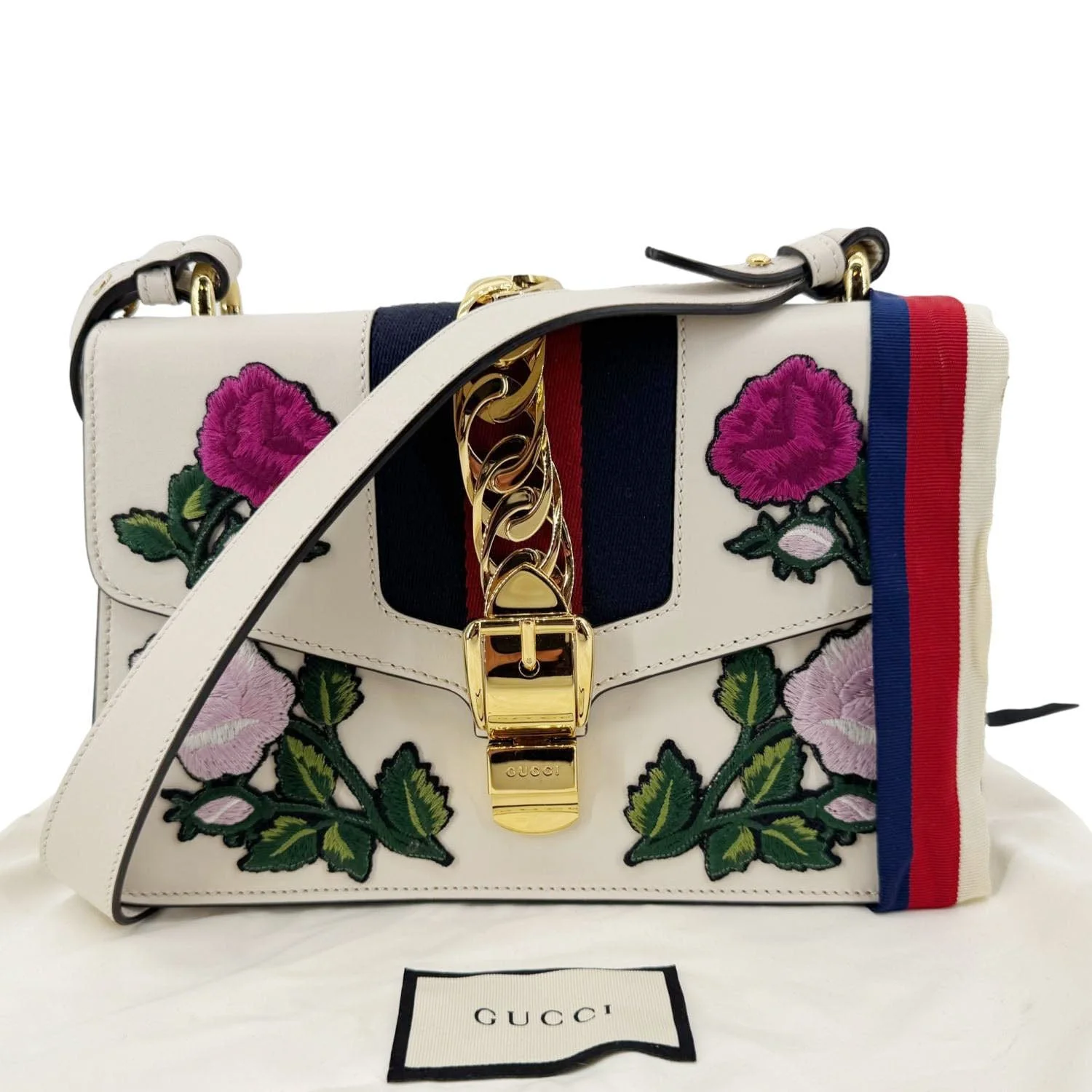 GUCCI Sylvie Small Floral Embroidery Leather Shoulder Bag Off White 421882 - Image 3