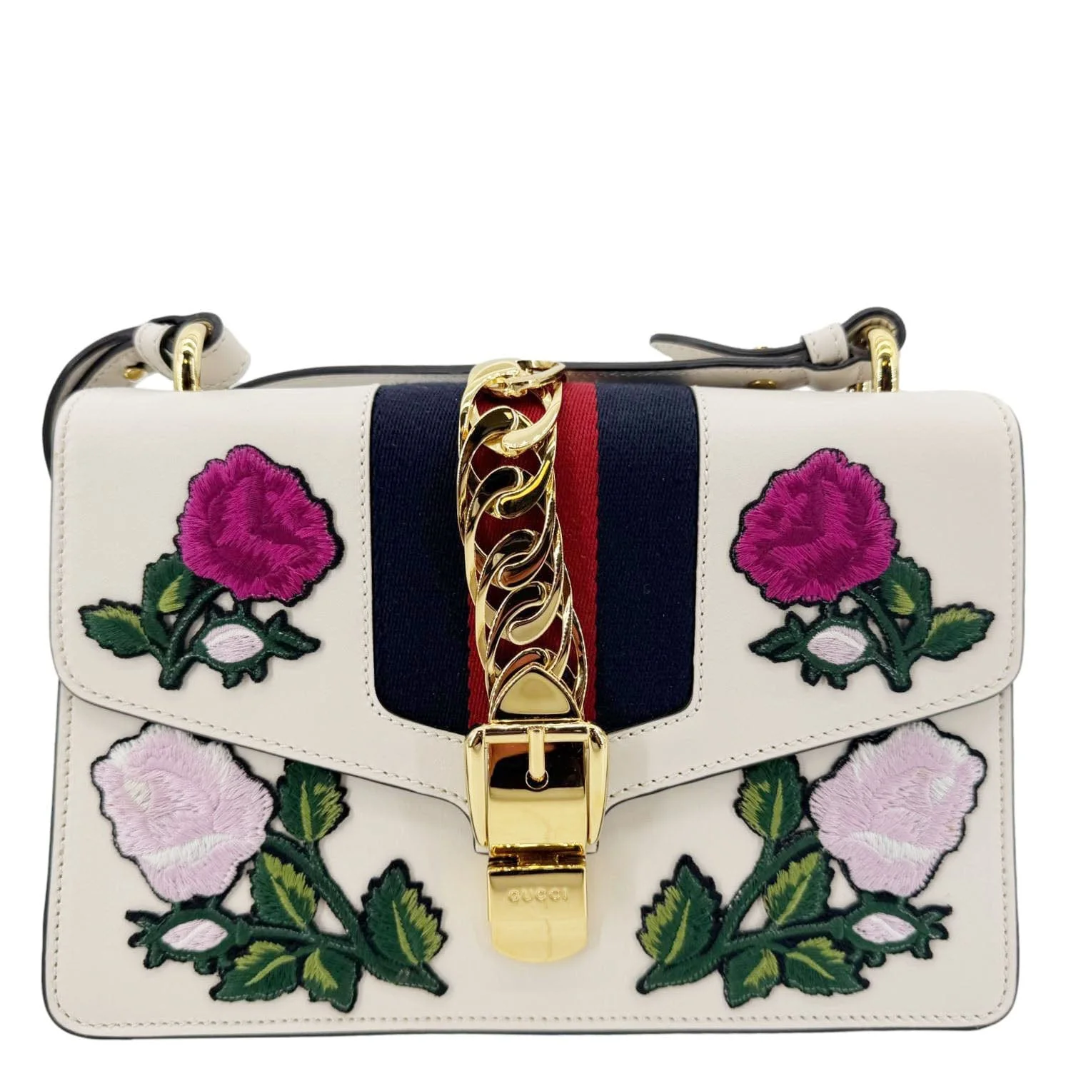 GUCCI Sylvie Small Floral Embroidery Leather Shoulder Bag Off White 421882 - Image 4