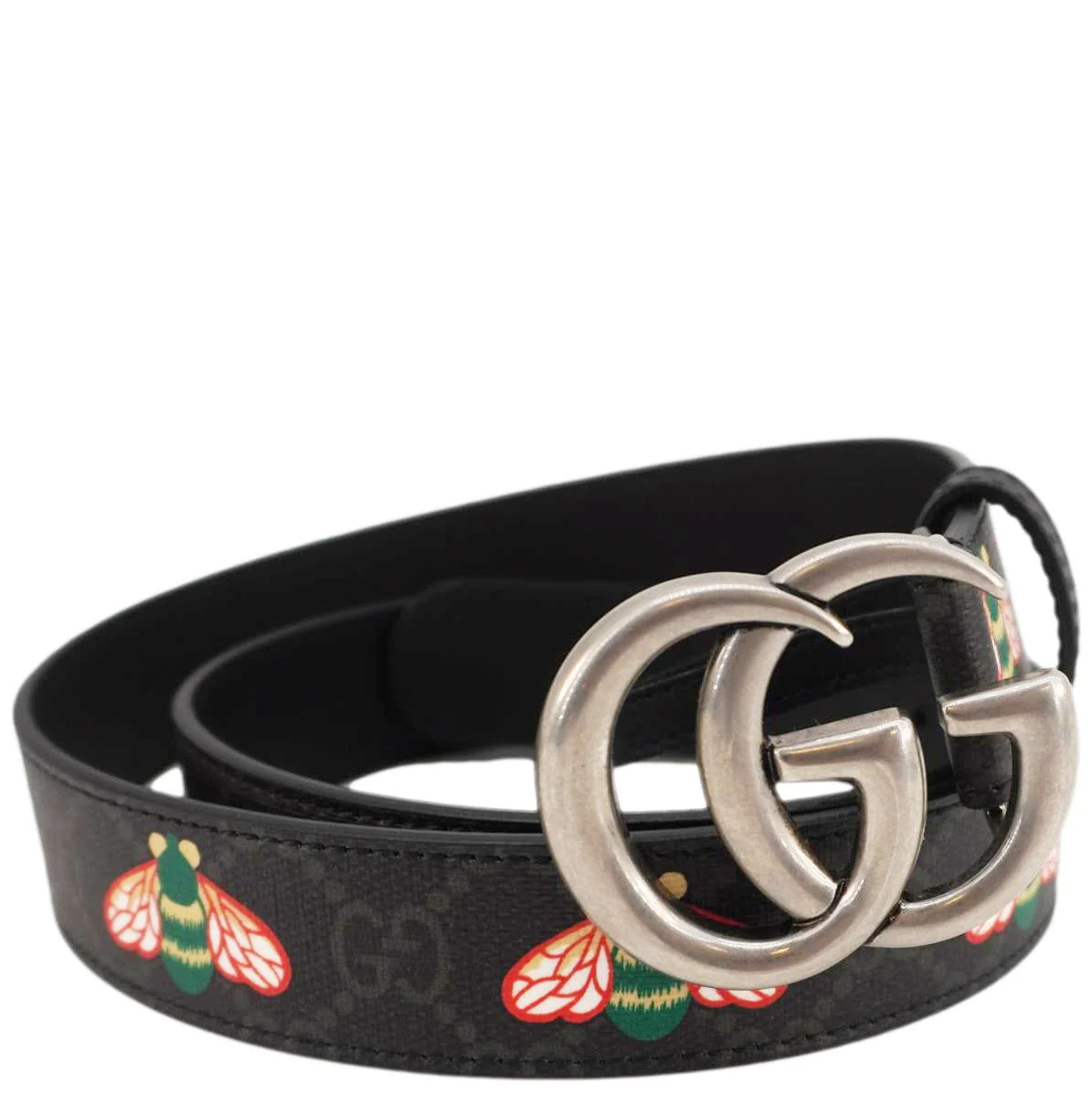 GUCCI Double G Buckle Marmont Bee Print Leather Belt Black 411516 Size 95.38 - Image 3