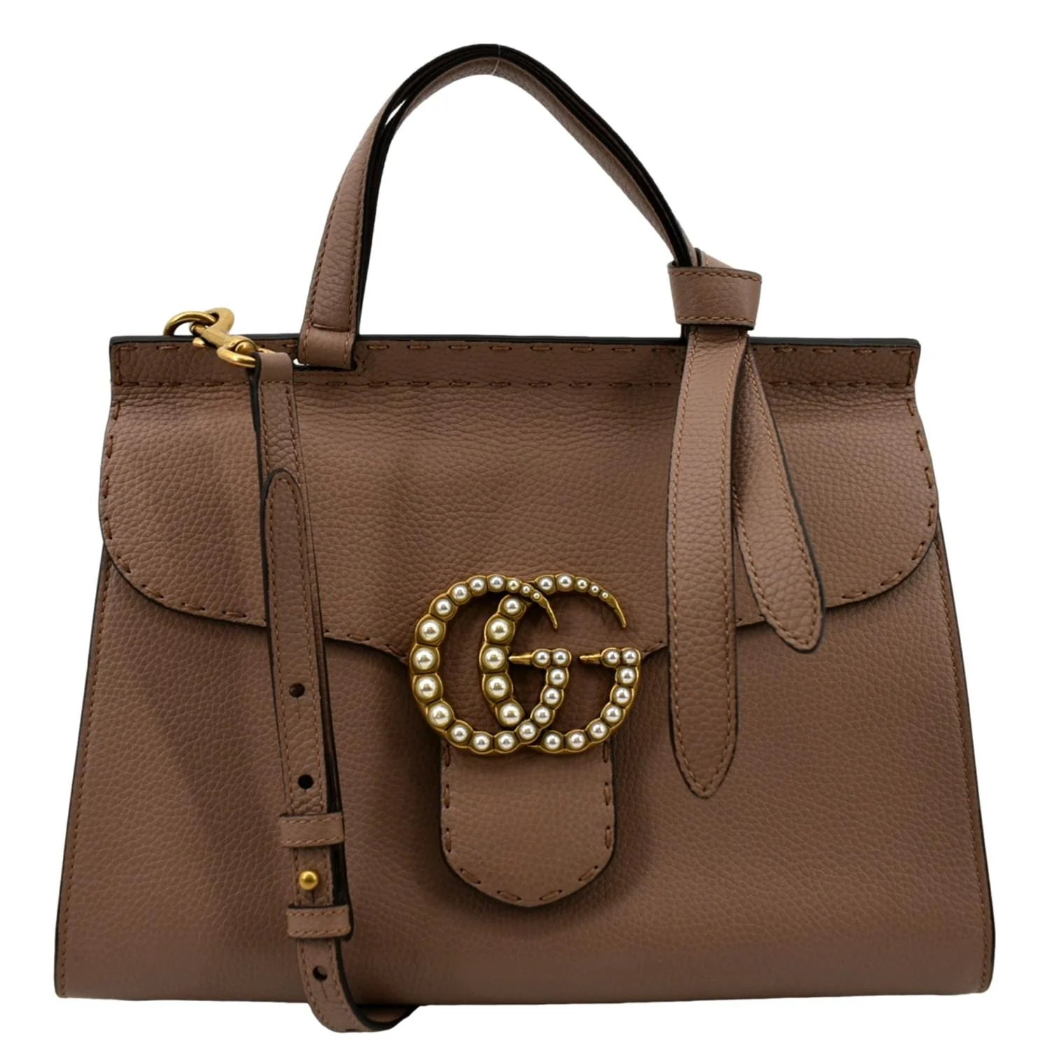 GUCCI GG Marmont Leather Top Handle Shoulder Bag Beige 421890