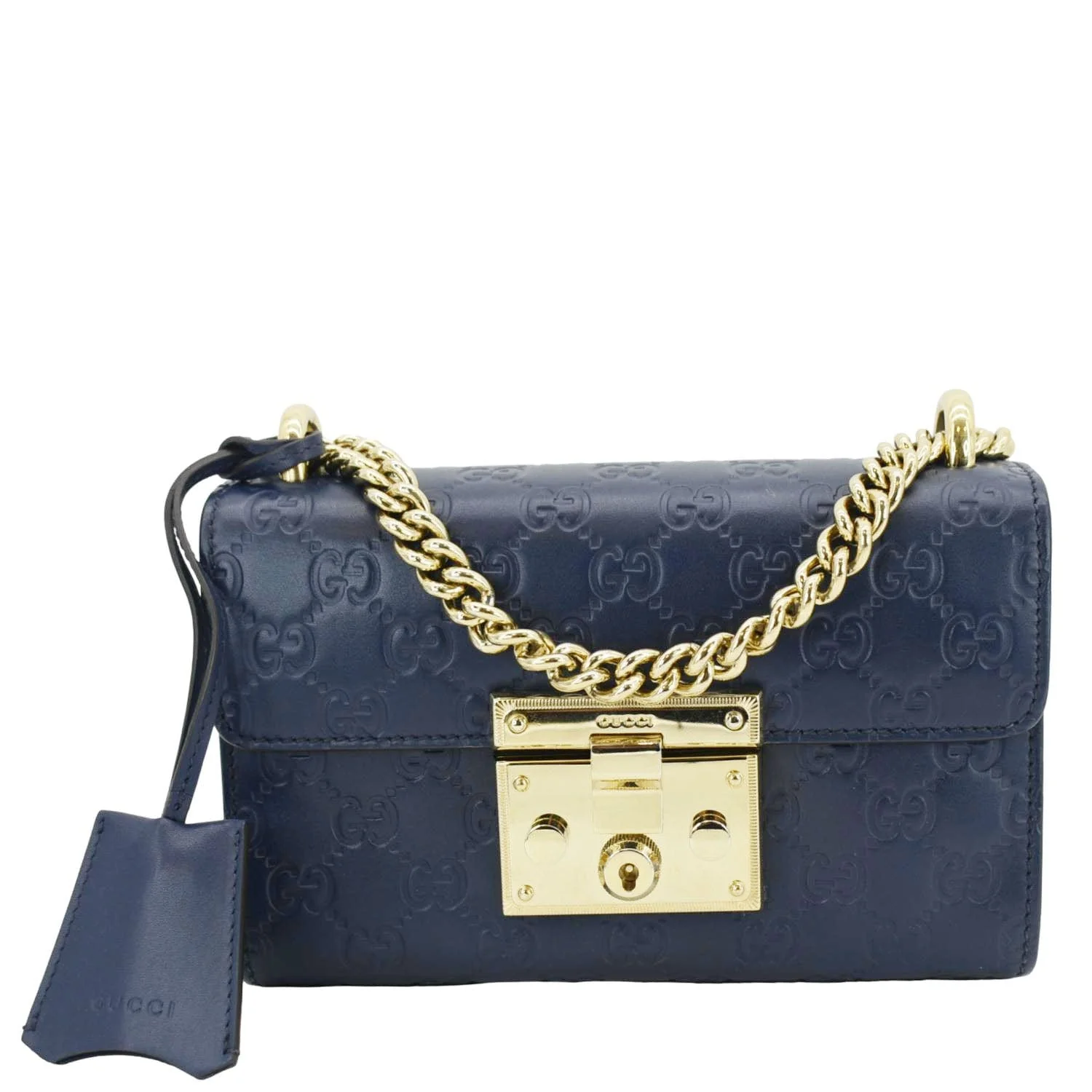 GUCCI Signature Padlock Small Leather Top Handle Shoulder Bag Blue 409487