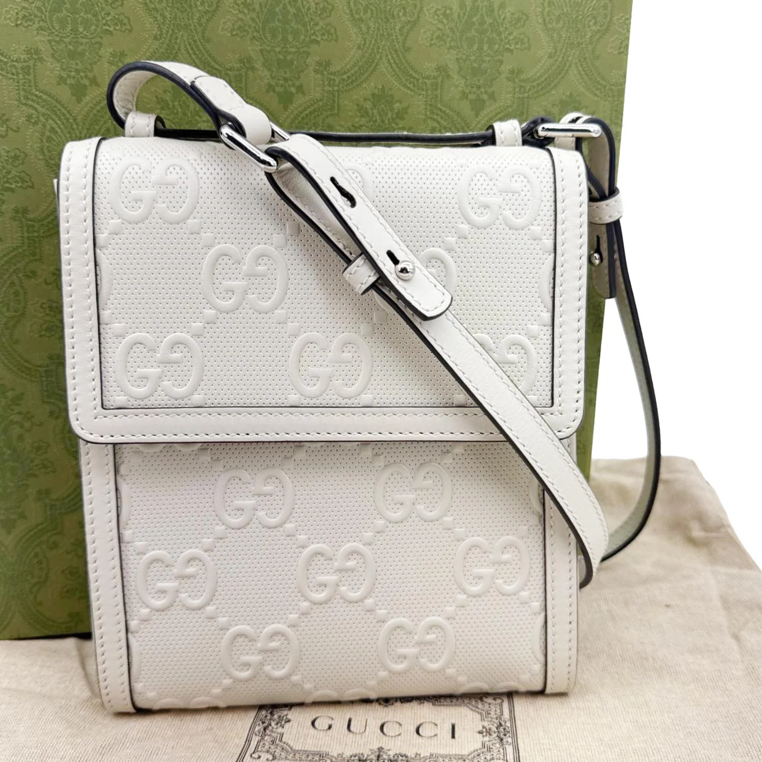 GUCCI GG Tennis Embossed Leather Messenger Bag White 625782 - Image 3