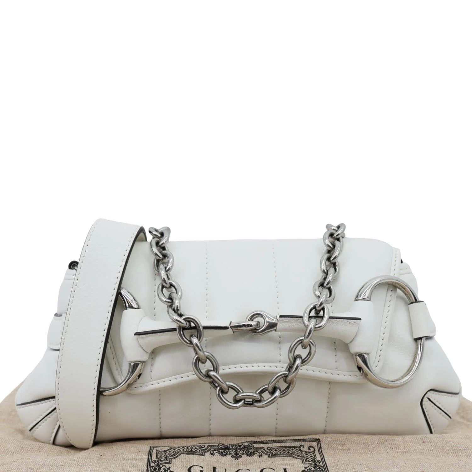 GUCCI Horsebit Quilted Lambskin Leather Chain Shoulder Bag White 764339 - Image 3
