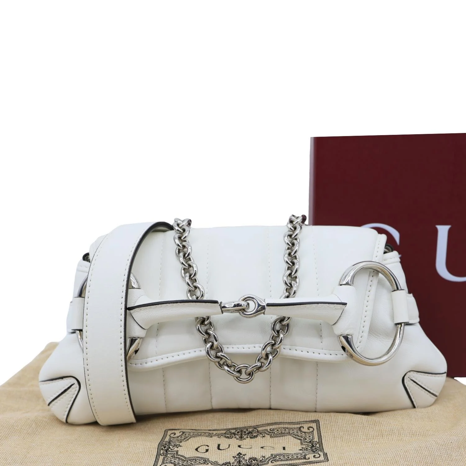 GUCCI Horsebit Quilted Lambskin Leather Chain Shoulder Bag White 764339 - Image 3