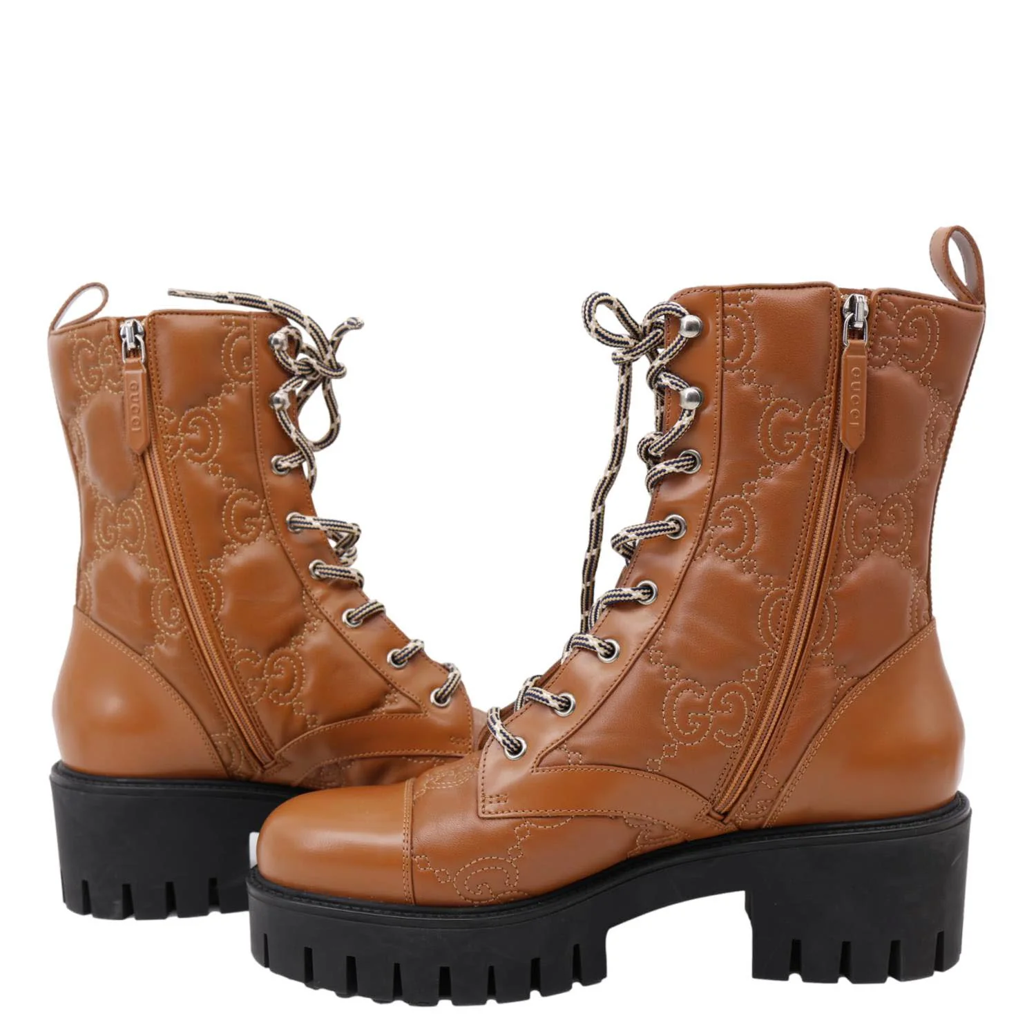 GUCCI Lace Up 60mm GG Matelasse Lux Nappa Leather Combat Boots Dark Brown 718386 - Image 5