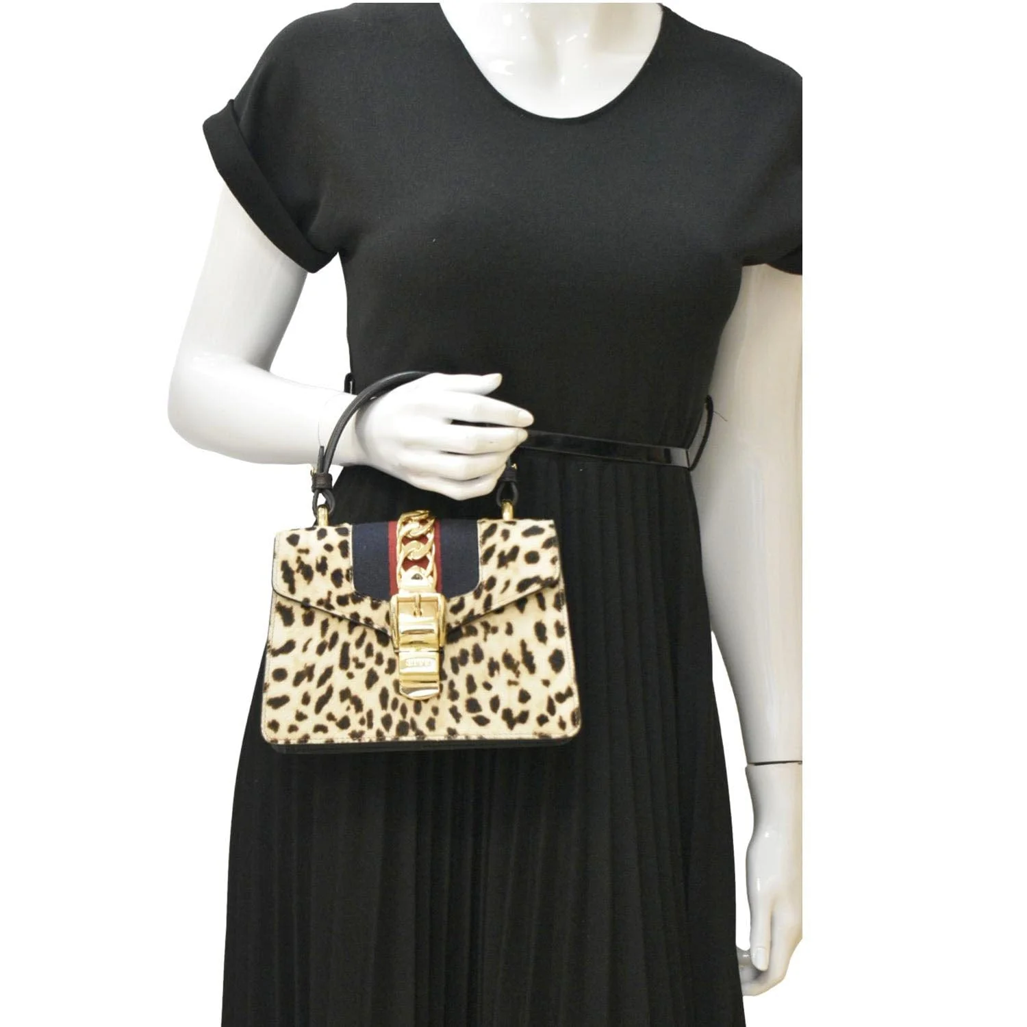 GUCCI Leopard Print Sylvie Mini Calf Hair Top Handle Shoulder Bag Beige 470270 - Image 2