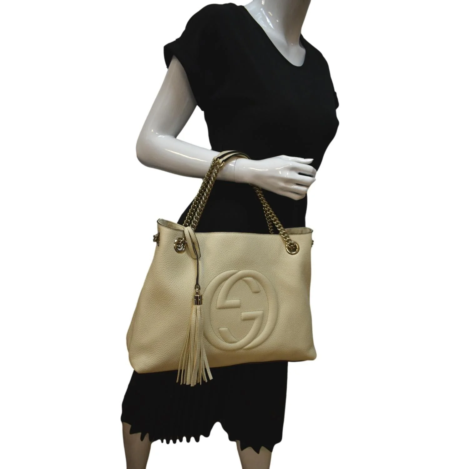 GUCCI Women Soho Medium Chain Leather Tote Shoulder Bag Ivory 536196 - Image 2