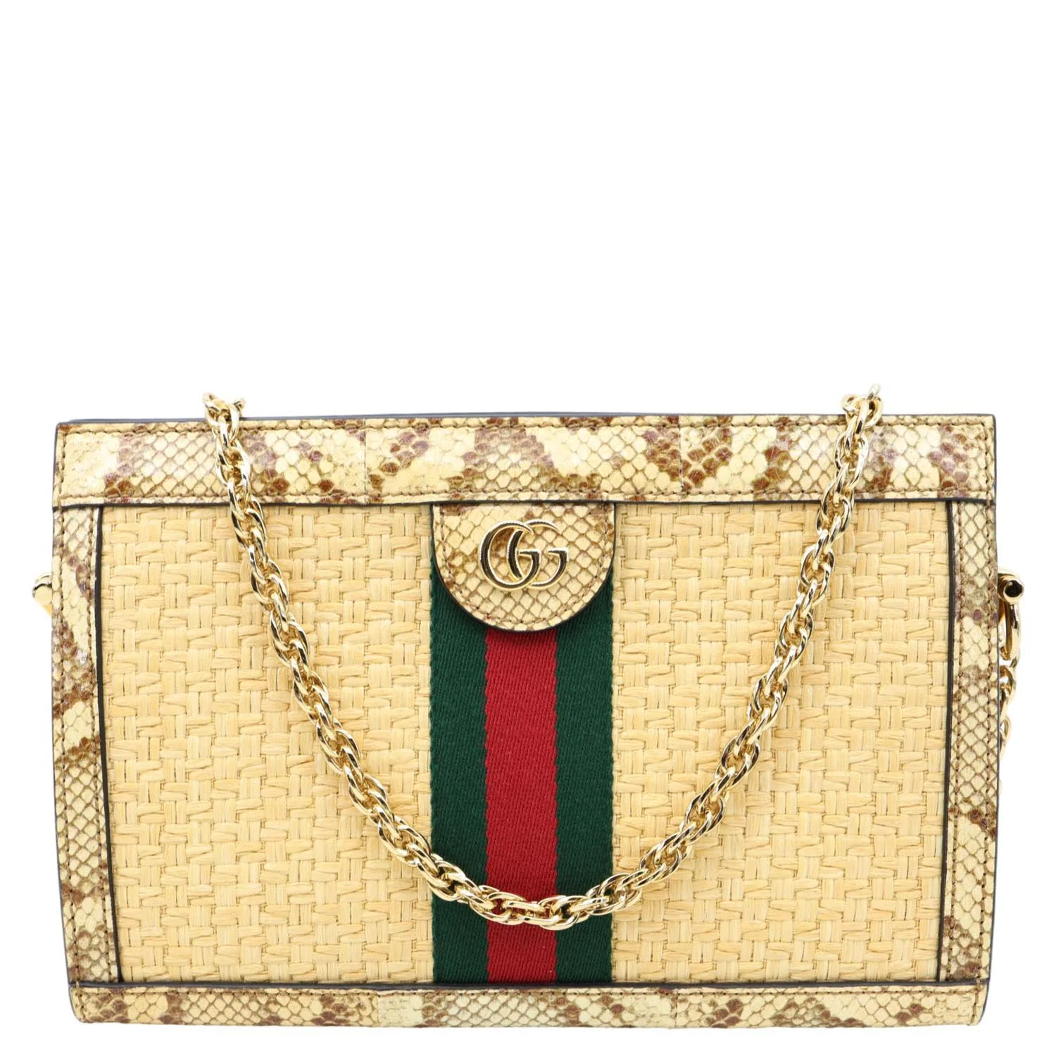 GUCCI Ophidia Small Raffia Elaphe Chain Shoulder Bag Beige 503877