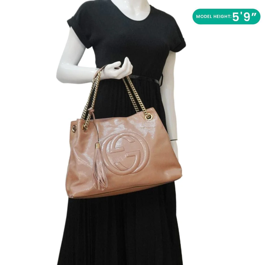 GUCCI Soho Medium Patent Leather Chain Tote Bag Beige 308982 - Image 2