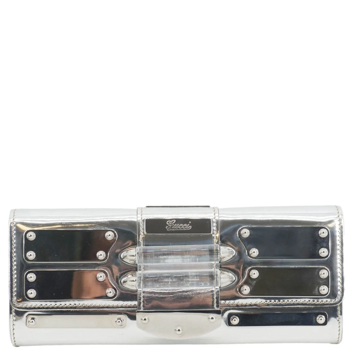 GUCCI Mirror Metallic Patent Leather Clutch Silver