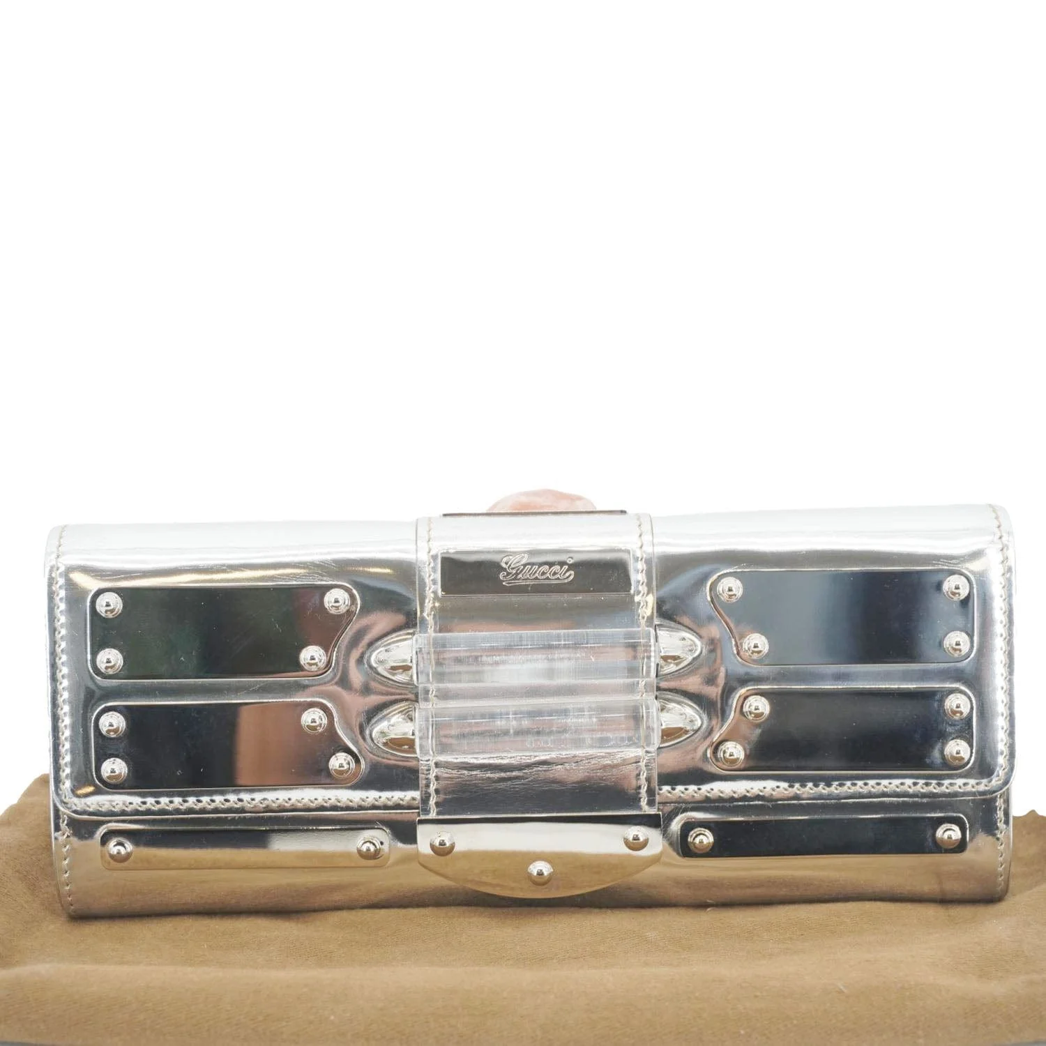 GUCCI Mirror Metallic Patent Leather Clutch Silver - Image 2