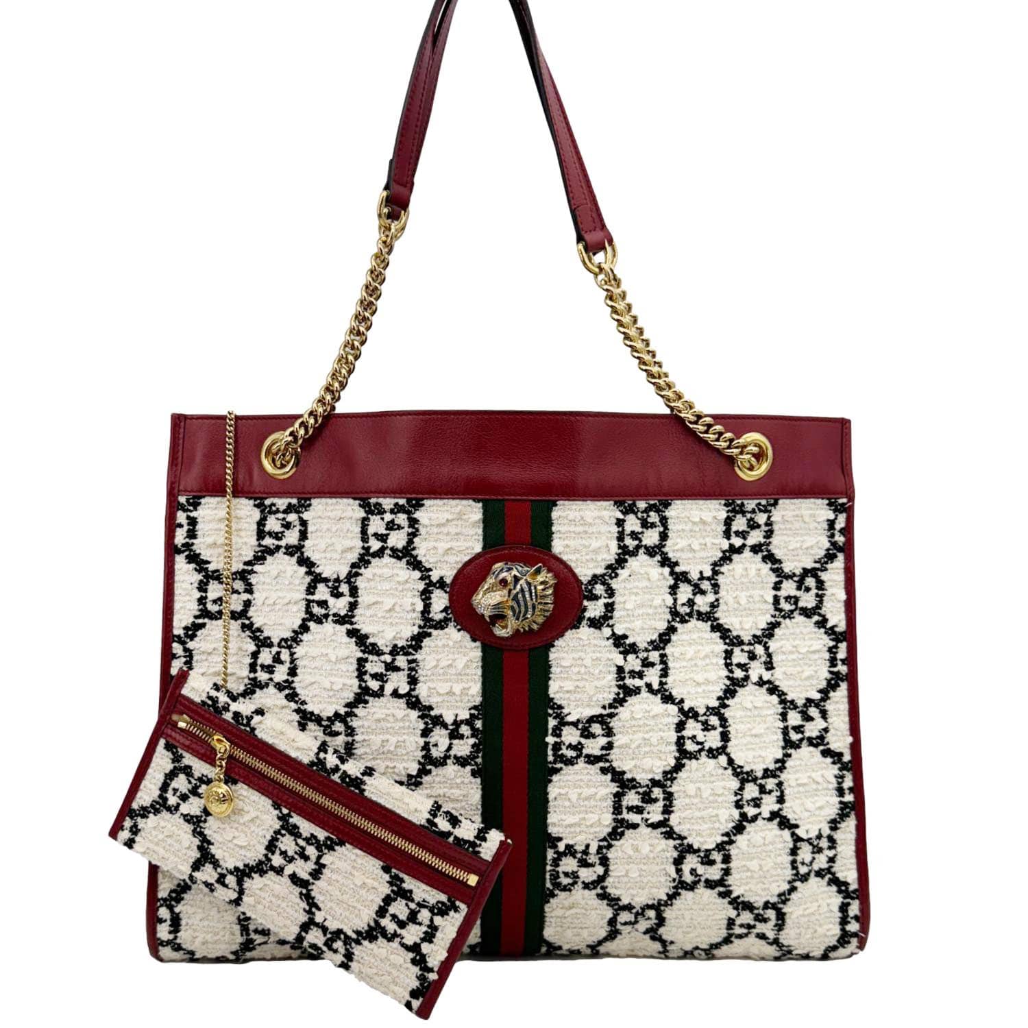 GUCCI Rajah Large GG Tweed Chain Tote Bag White 537219