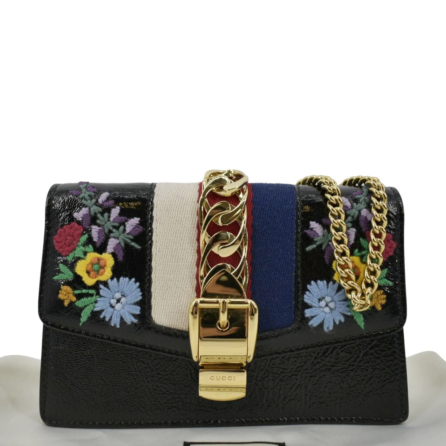 GUCCI Sylvie Super Mini Embroidered Leather Crossbody Chain Wallet Black 494646 - Image 4