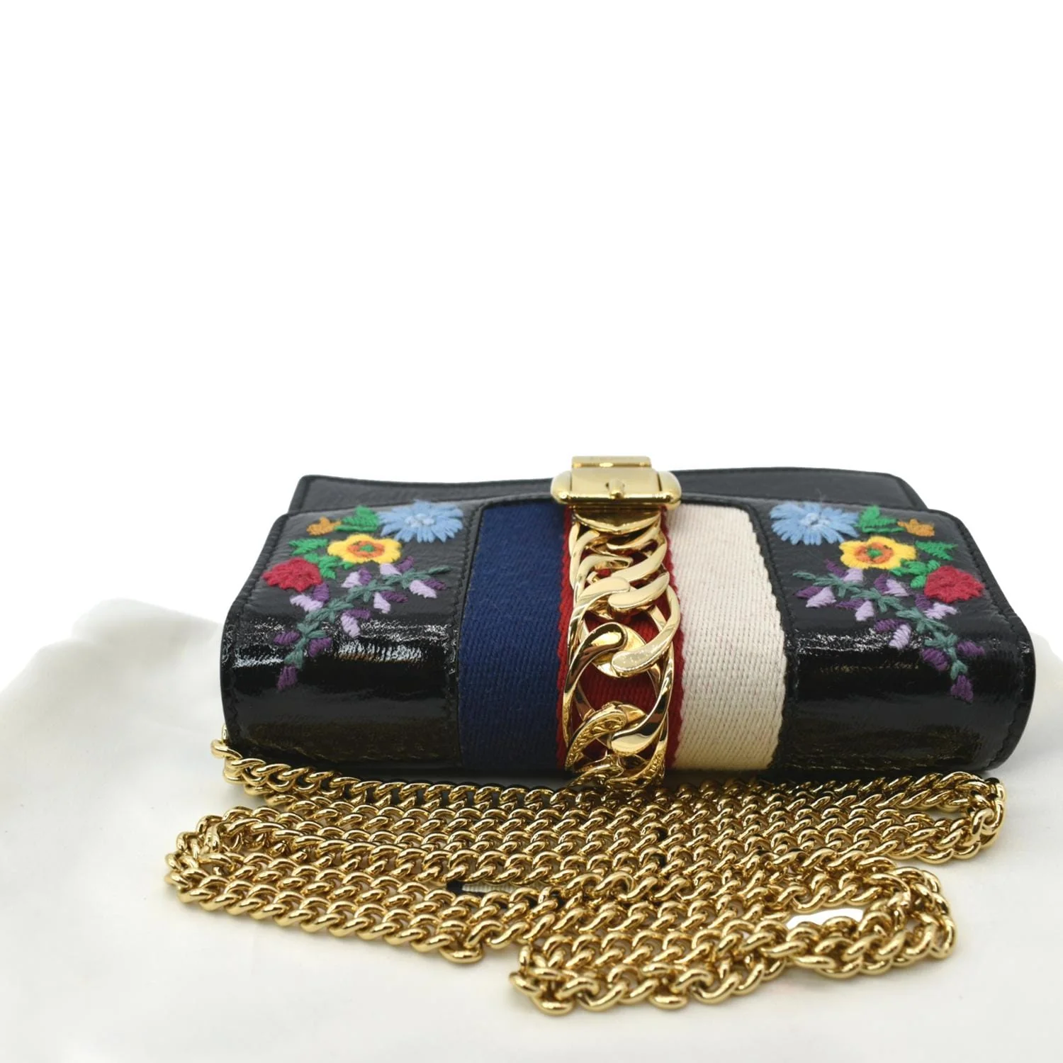 GUCCI Super Mini Sylvie Embroidered Leather Crossbody Chain Wallet Black 494646 - Image 4