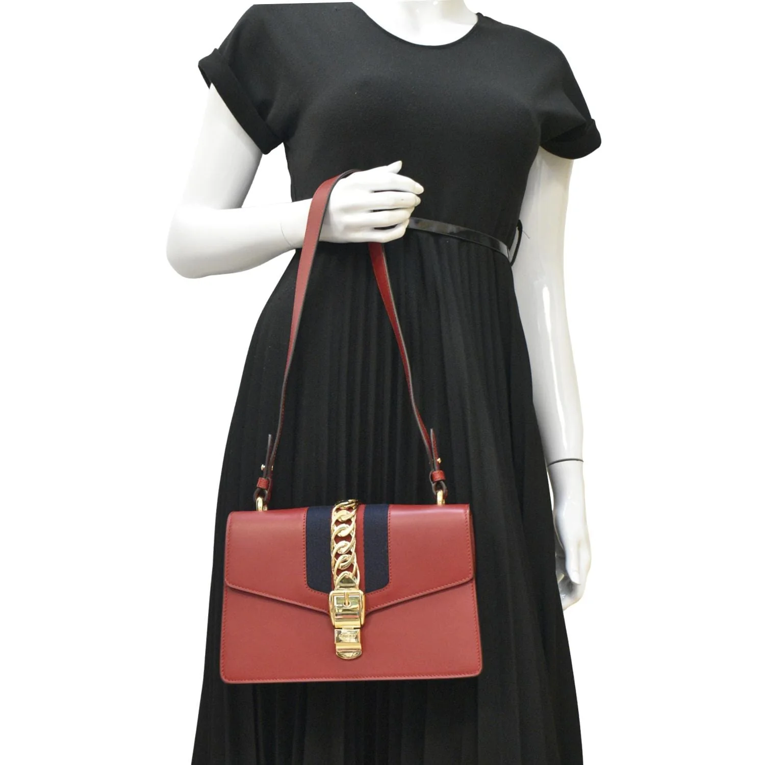 GUCCI Sylvie Small Web Leather Shoulder Bag Red 421882 - Image 2