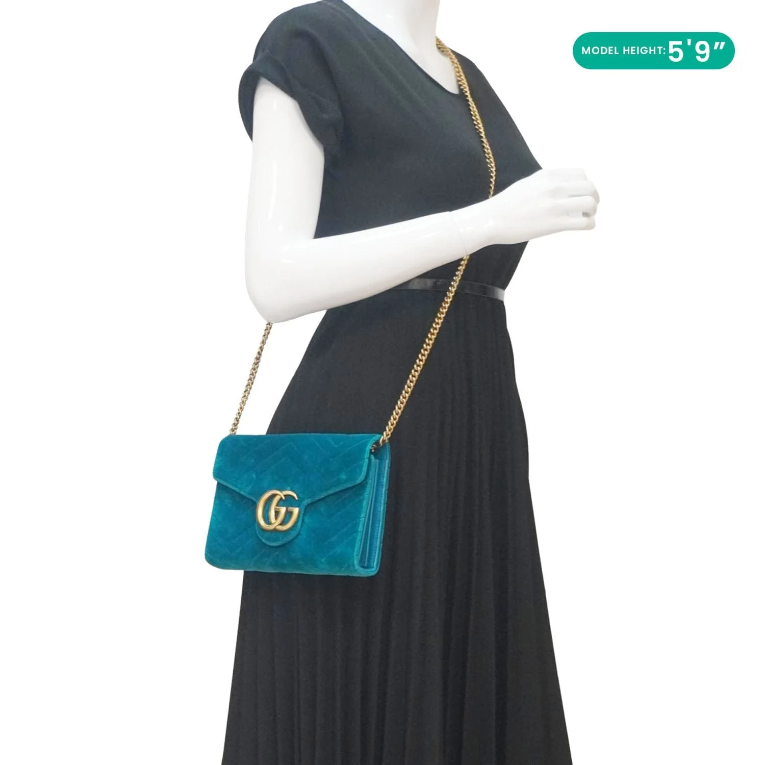 GUCCI GG Marmont Matelasse Velvet Chain Wallet Pavone Cyan 474575 - Image 2