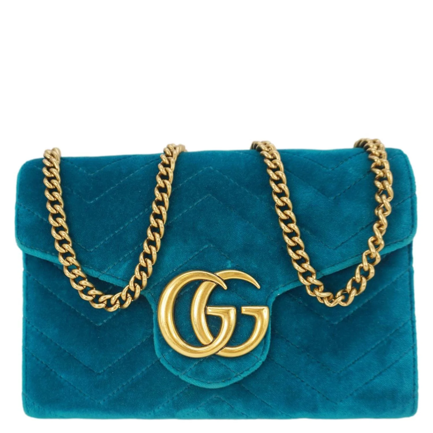 GUCCI GG Marmont Matelasse Velvet Chain Wallet Pavone Cyan 474575 - Image 4