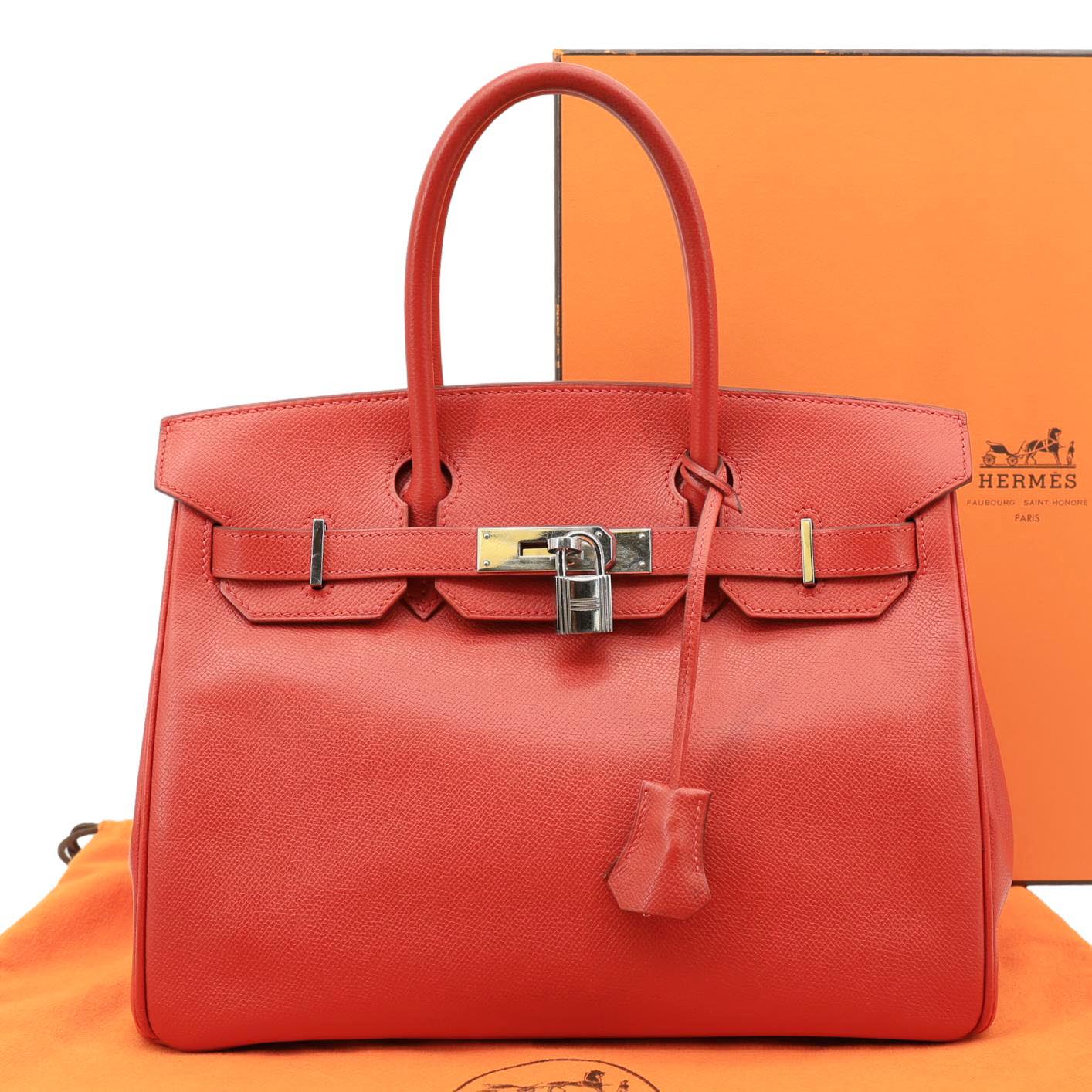 HERMES Birkin 30 Square Clemence Leather Satchel Bag Red - Image 3
