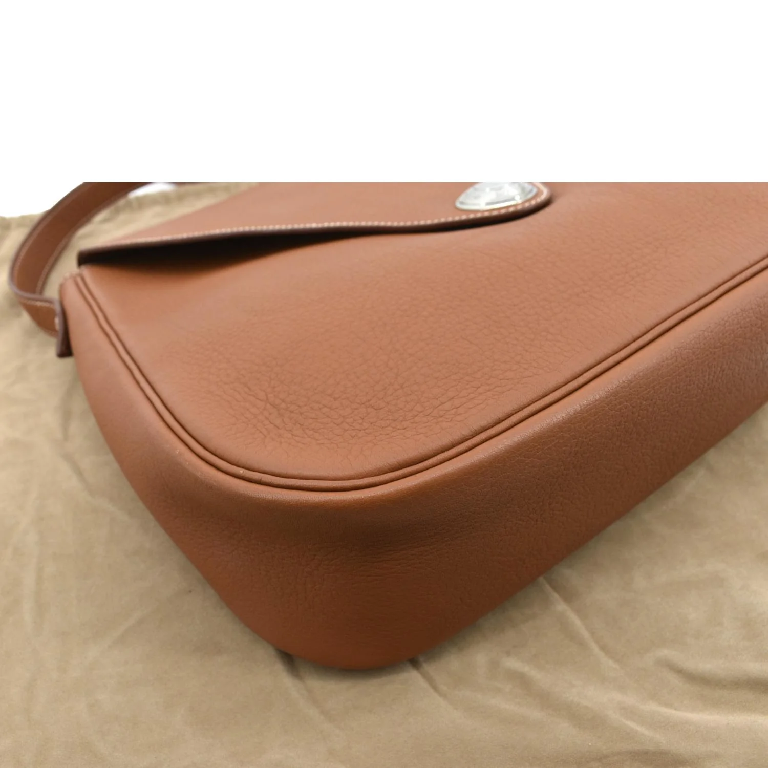 HERMES Christie Rhone Flap Clemence Leather Shoulder Bag Tan - Image 9