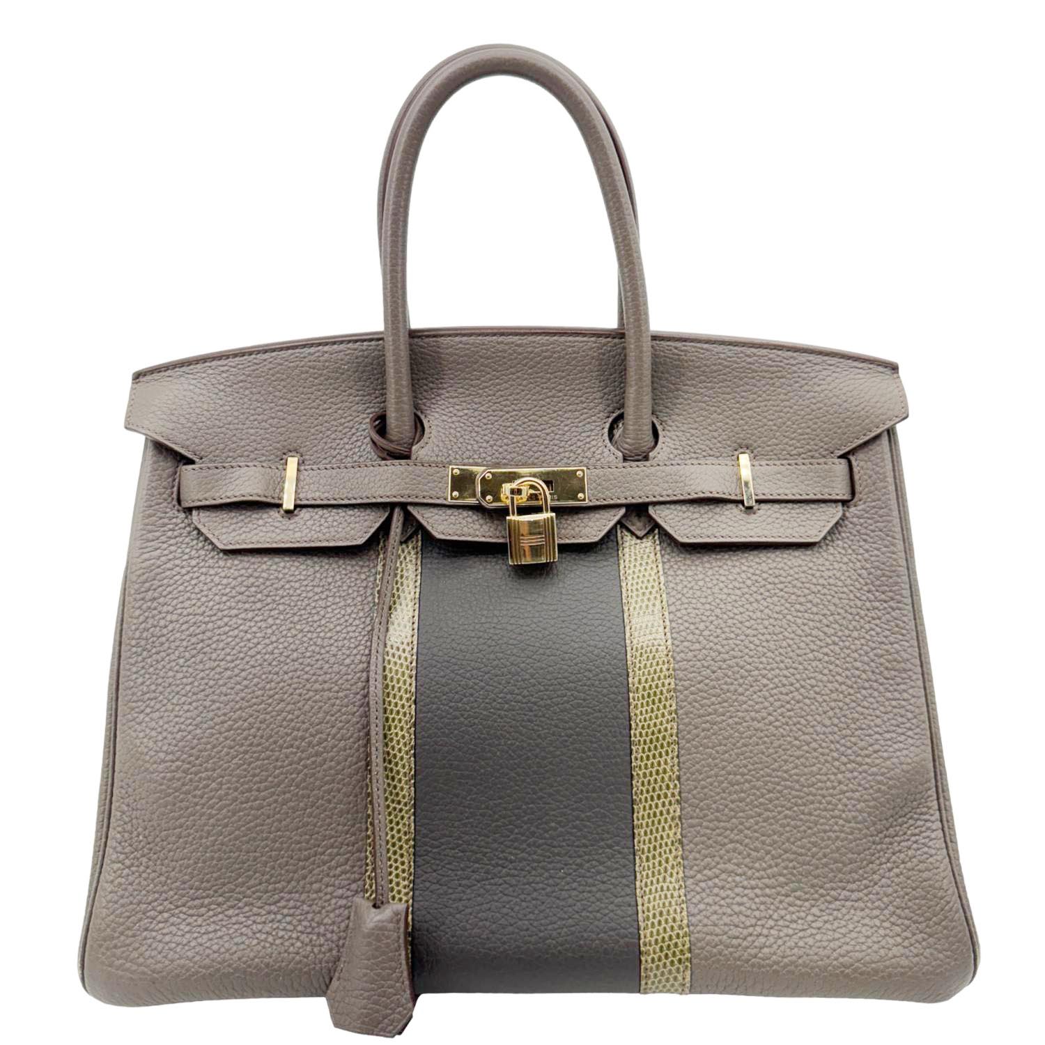 HERMES Birkin 35 Club Lizard Clemence Leather Satchel Bag Gris Fonze