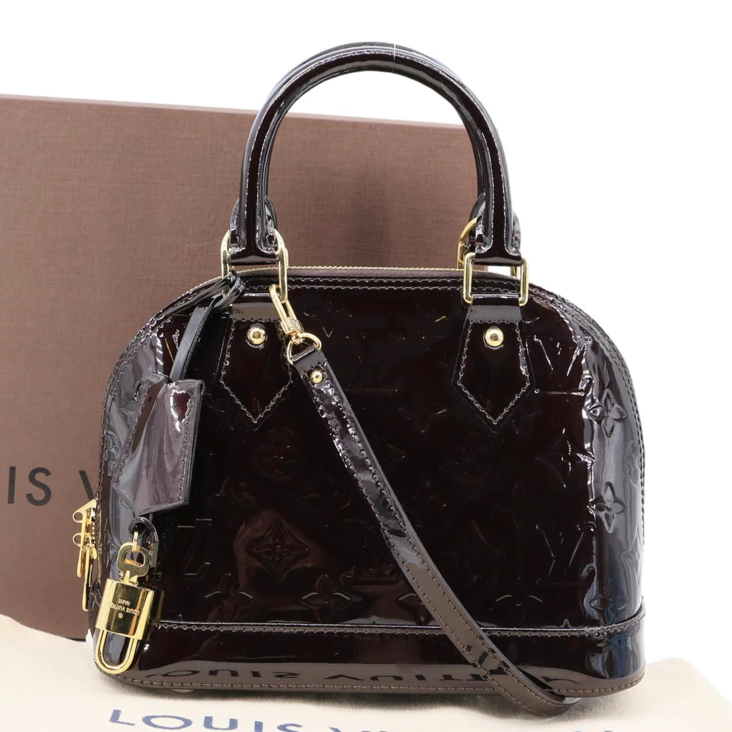 LOUIS VUITTON Alma BB Vernis Leather Satchel Crossbody Bag Amarante - Image 3