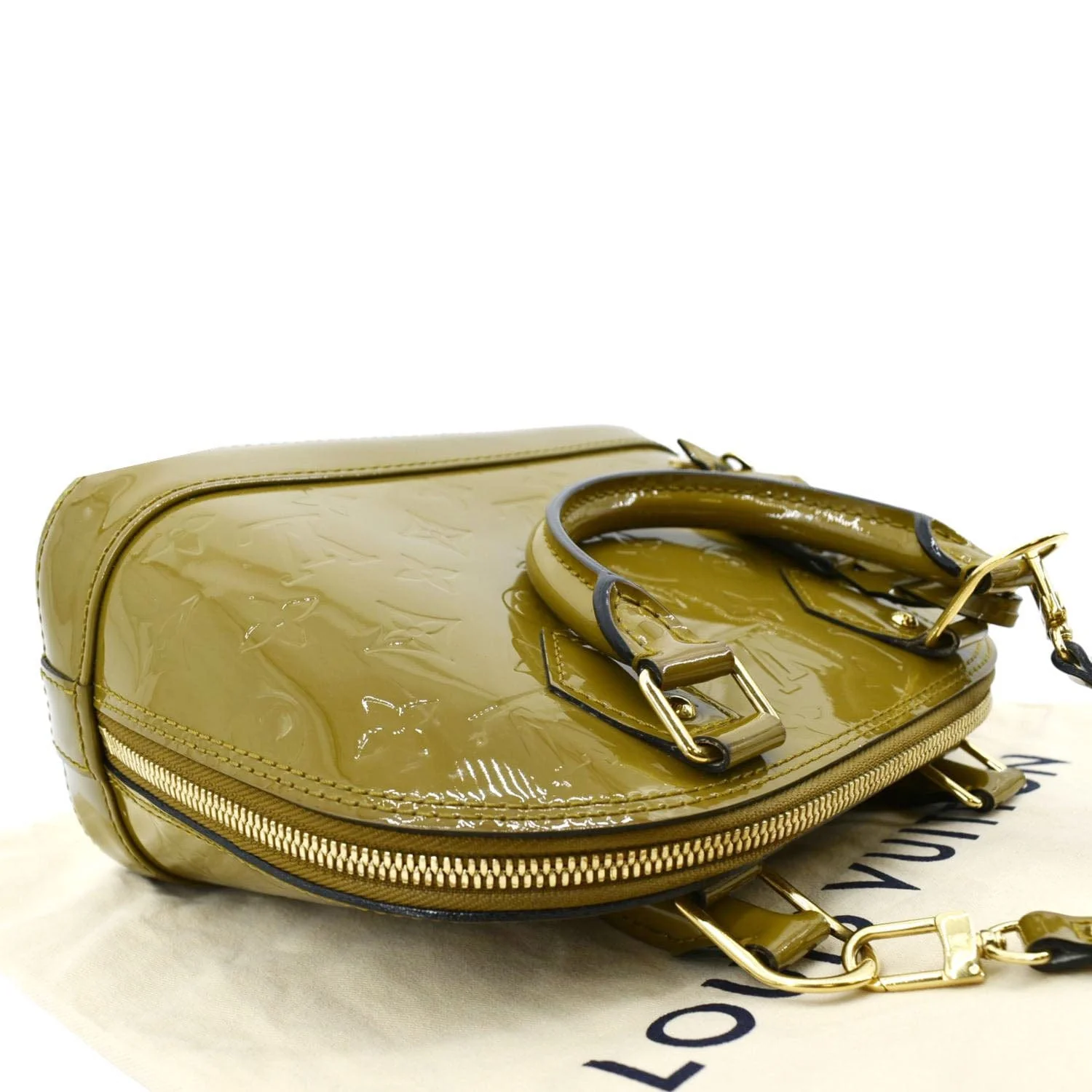 LOUIS VUITTON Alma BB Vernis Leather Satchel Crossbody Bag Vert Olive - Image 6