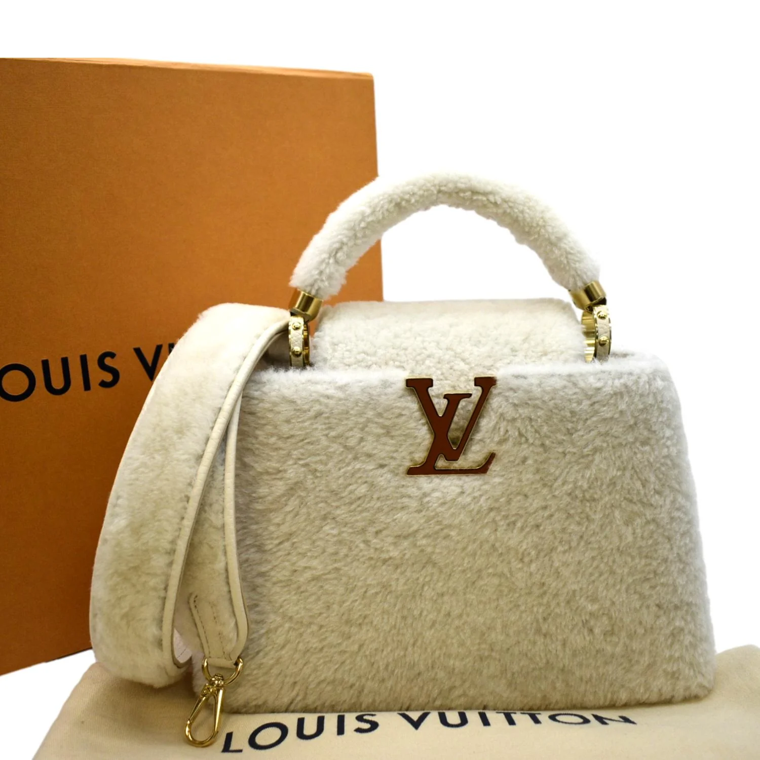 LOUIS VUITTON Capucine PM Teddy Fleece Top Handle Shoulder Bag White - Image 3
