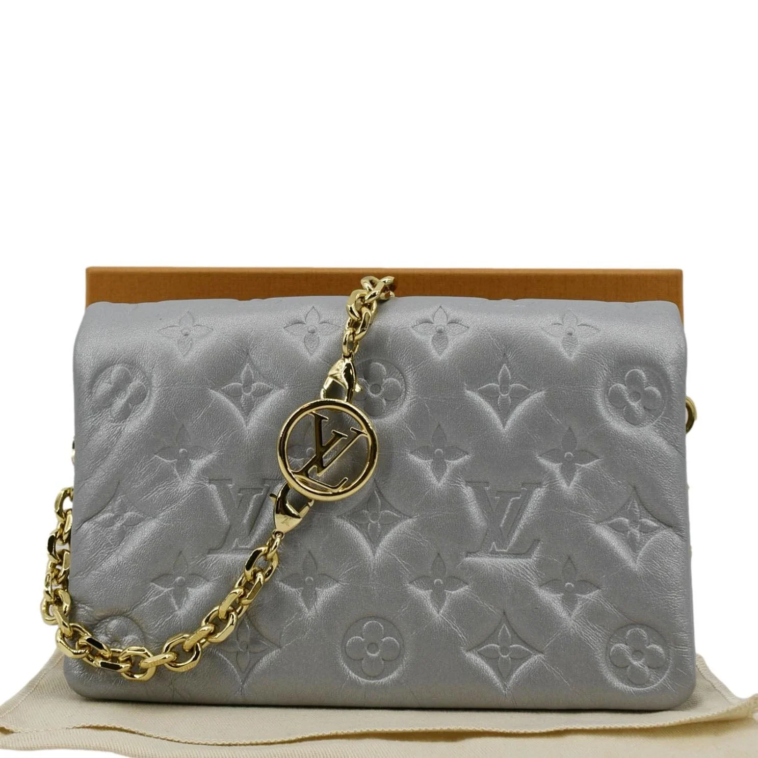 LOUIS VUITTON Coussin Monogram Embossed Leather Pochette Crossbody Bag Grey - Image 3