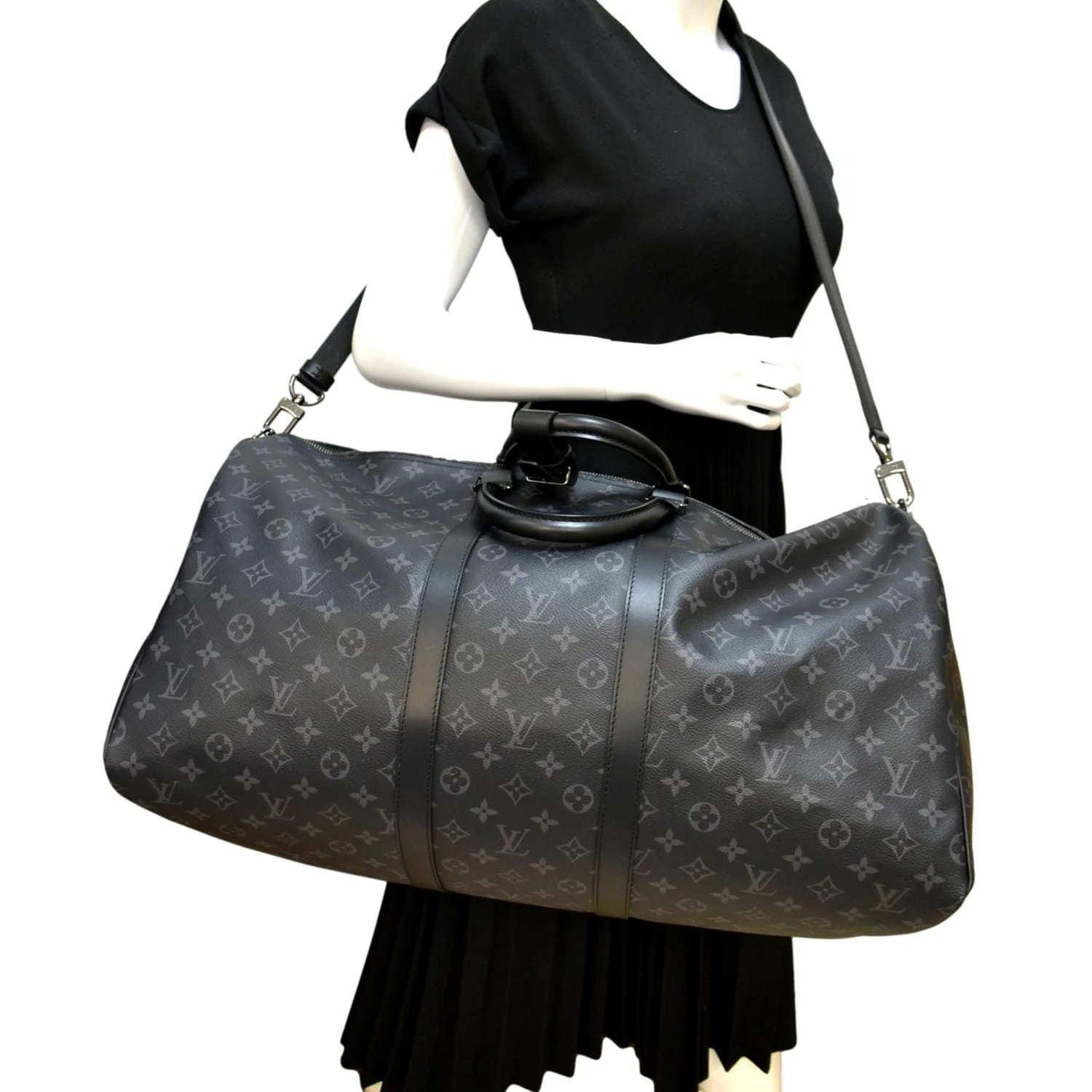 LOUIS VUITTON Keepall 55 Bandouliere Monogram Eclipse Travel Bag Black - Image 2