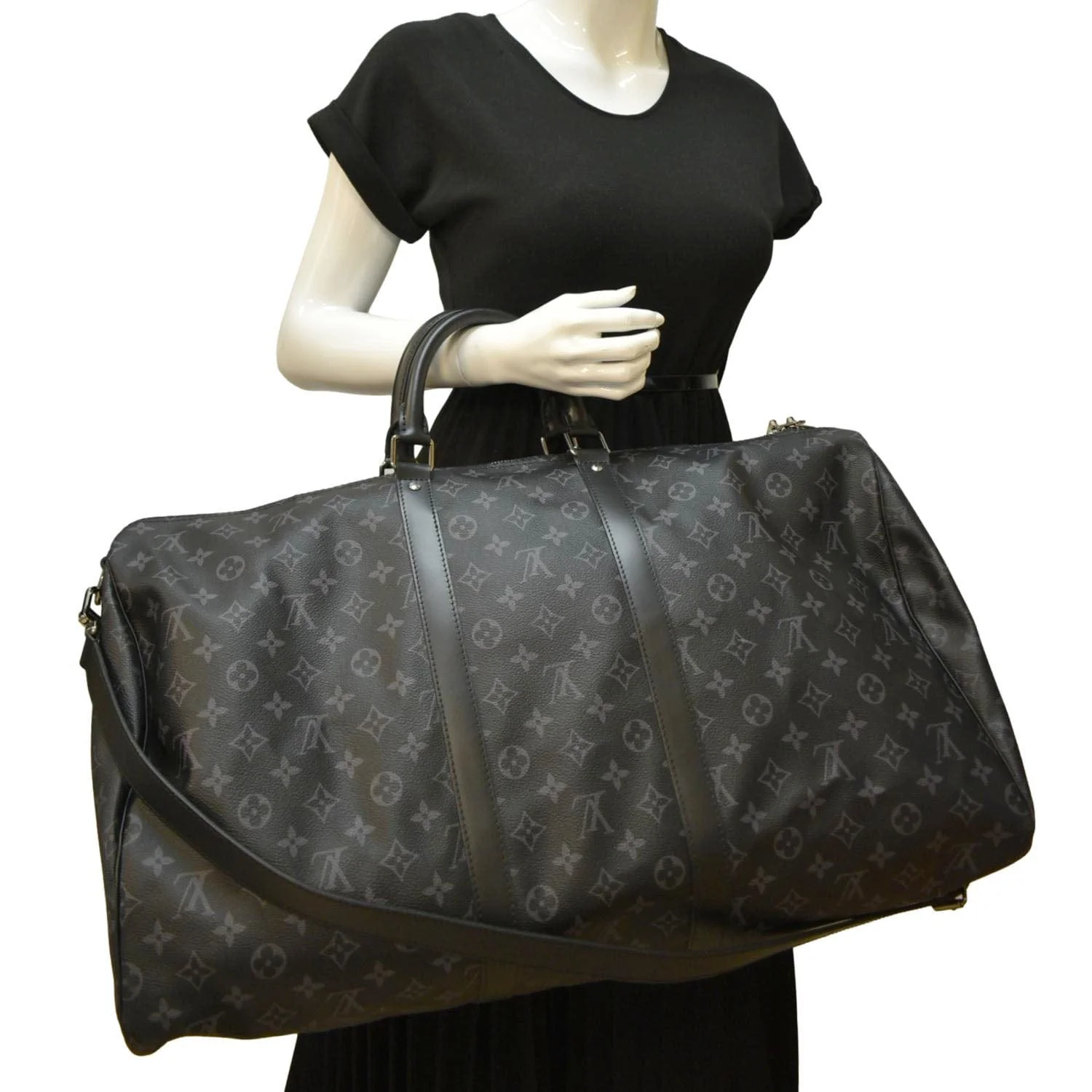 LOUIS VUITTON Keepall 55 Bandouliere Monogram Eclipse Travel Bag Black - Image 2